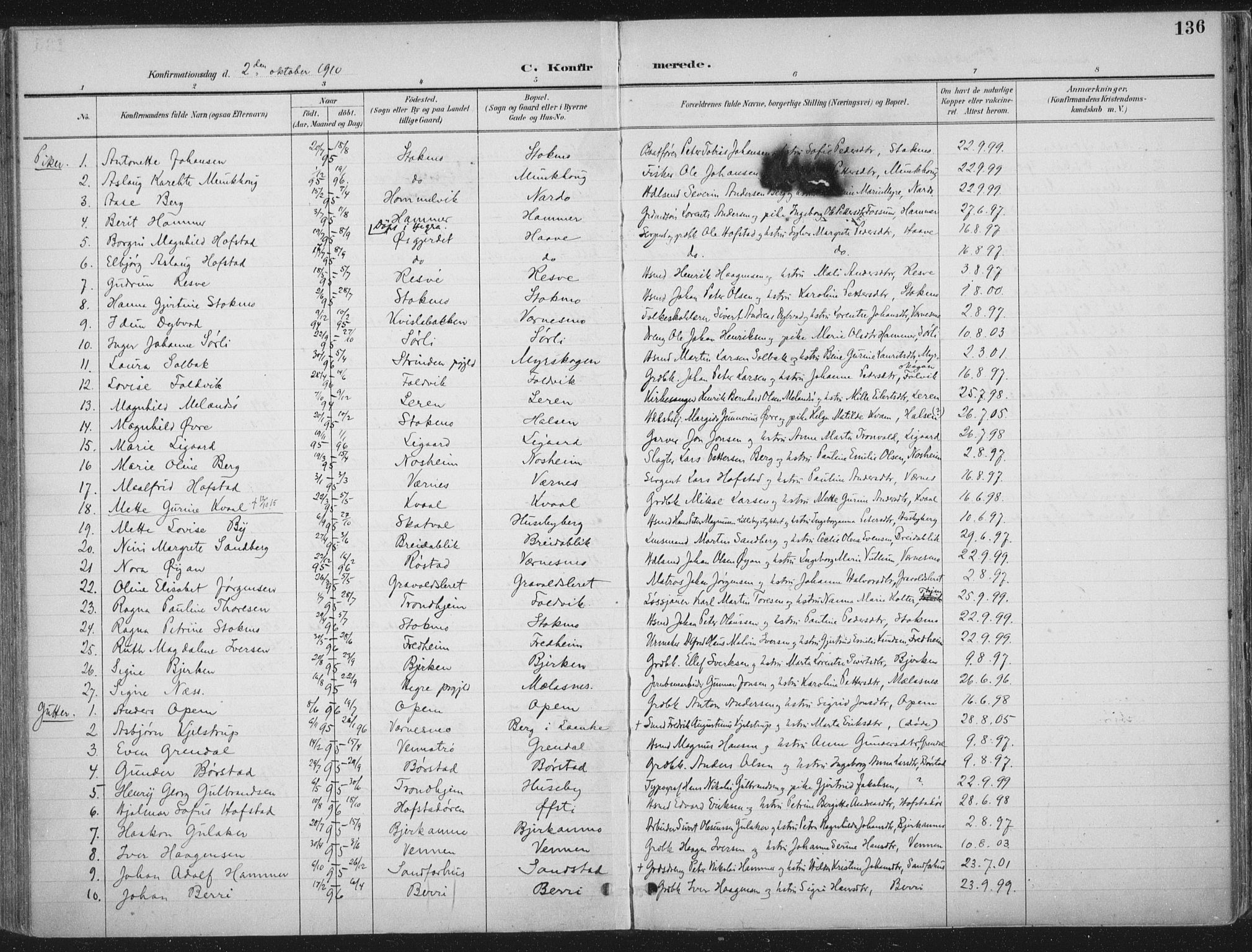 Ministerialprotokoller, klokkerbøker og fødselsregistre - Nord-Trøndelag, SAT/A-1458/709/L0082: Parish register (official) no. 709A22, 1896-1916, p. 136