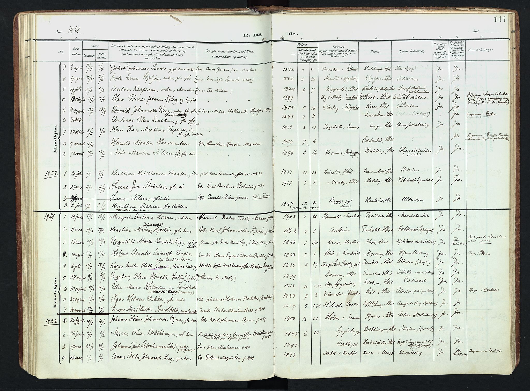 Hobøl prestekontor Kirkebøker, AV/SAO-A-2002/F/Fa/L0006: Parish register (official) no. I 6, 1905-1927, p. 117