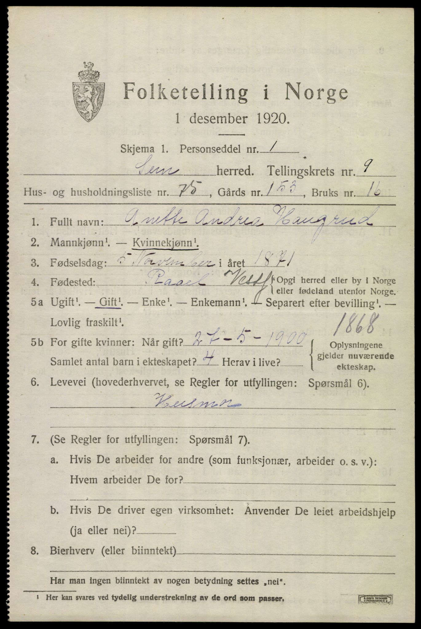SAKO, 1920 census for Sem, 1920, p. 13401