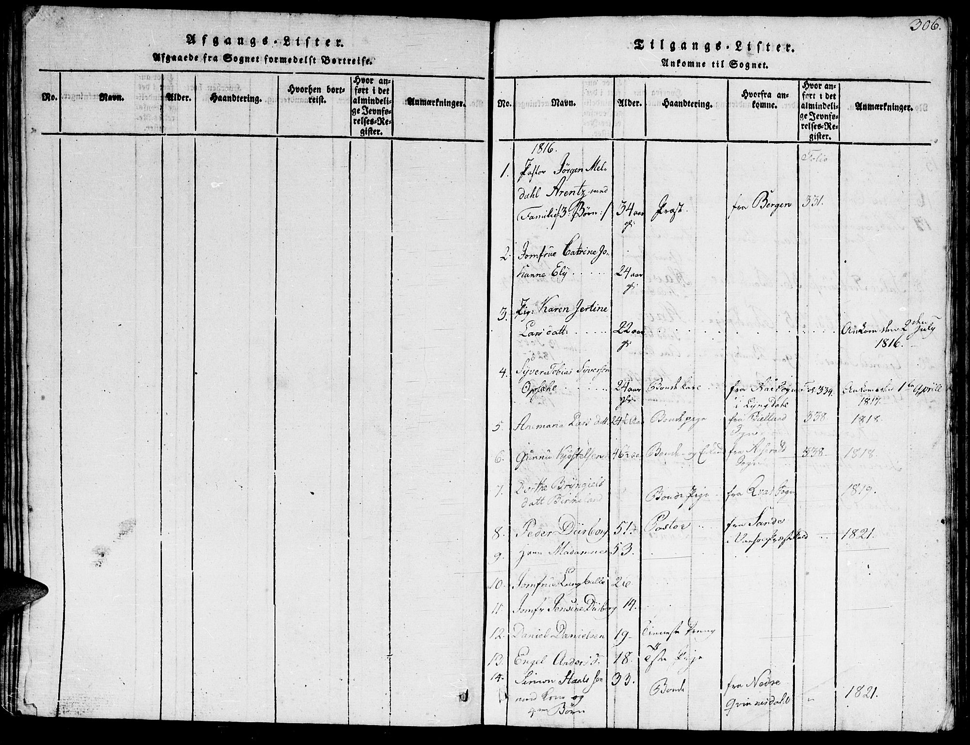 Hægebostad sokneprestkontor, SAK/1111-0024/F/Fb/Fba/L0001: Parish register (copy) no. B 1, 1815-1844, p. 306
