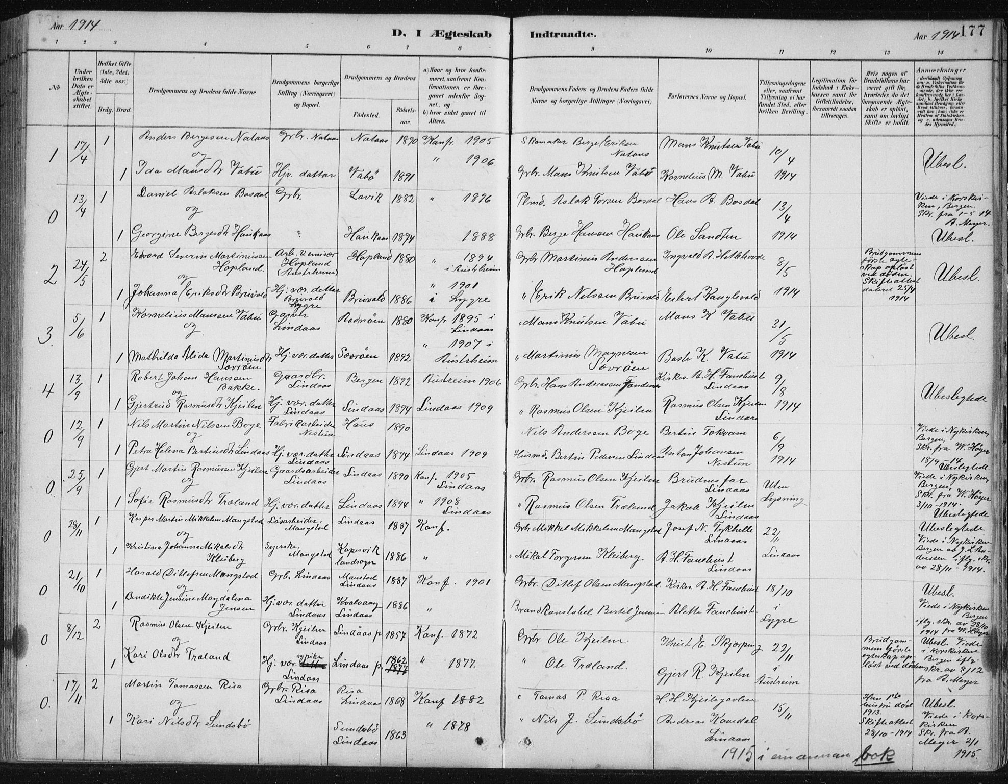 Lindås Sokneprestembete, SAB/A-76701/H/Hab: Parish register (copy) no. B 3, 1886-1914, p. 177