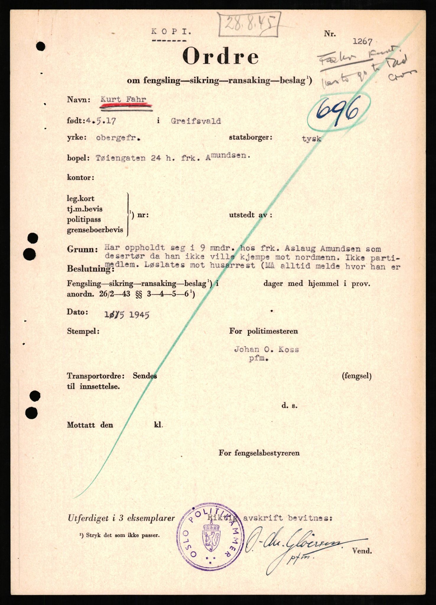 Forsvaret, Forsvarets overkommando II, AV/RA-RAFA-3915/D/Db/L0007: CI Questionaires. Tyske okkupasjonsstyrker i Norge. Tyskere., 1945-1946, p. 402