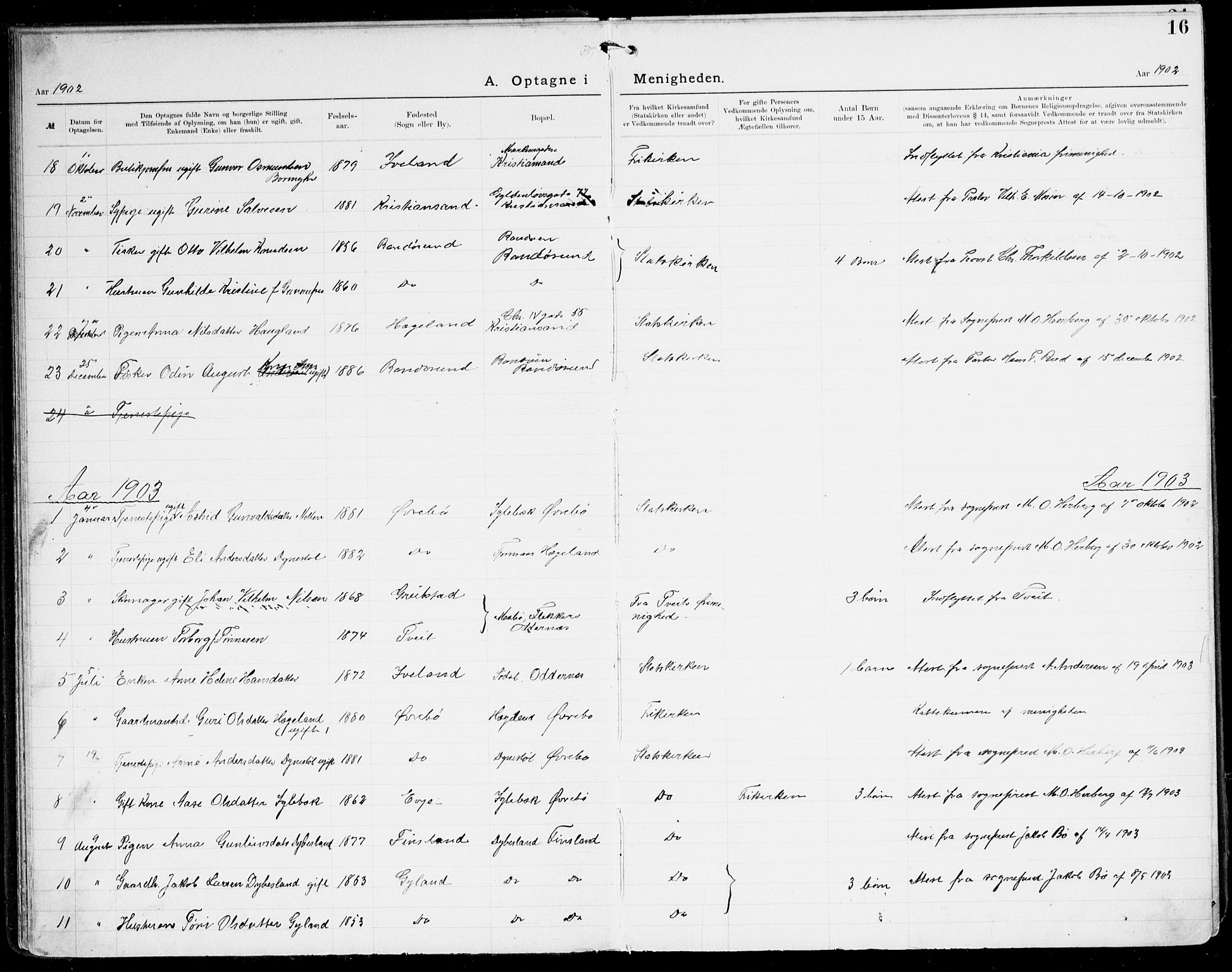 Den evangelisk-lutherske frikirke, Kristiansand, SAK/1292-0017/F/Fa/L0003: Dissenter register no. F 11, 1892-1925, p. 16