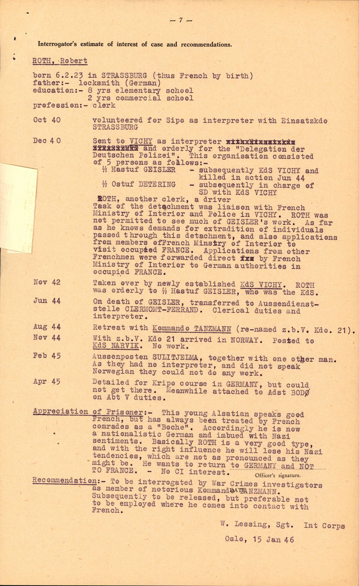 Forsvaret, Forsvarets overkommando II, RA/RAFA-3915/D/Db/L0028: CI Questionaires. Tyske okkupasjonsstyrker i Norge. Tyskere., 1945-1946, p. 170