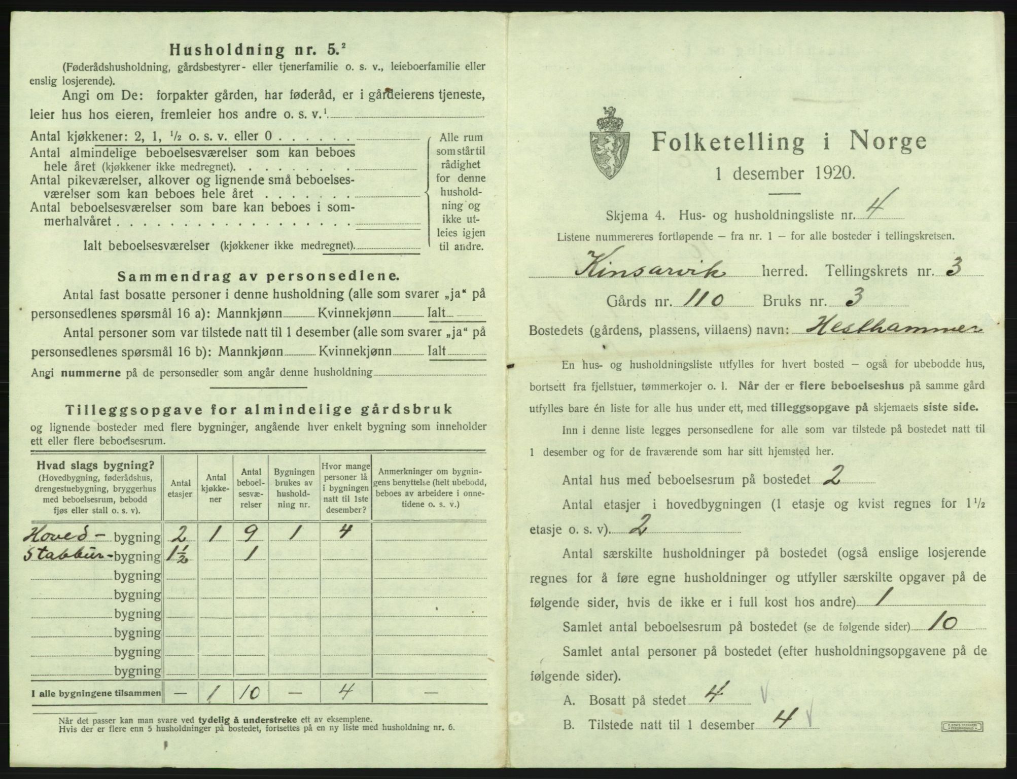 SAB, 1920 census for Kinsarvik, 1920, p. 227