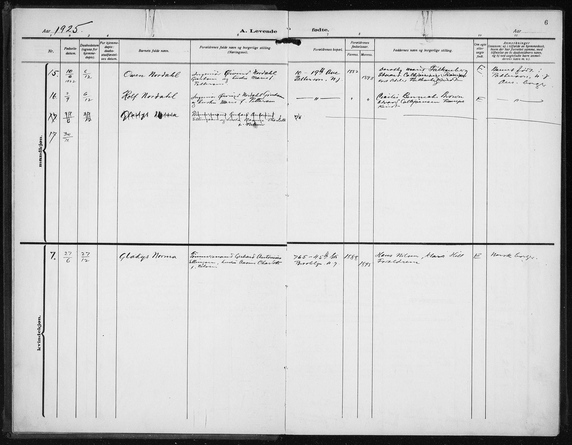 Den norske sjømannsmisjon i utlandet/New York, SAB/SAB/PA-0110/H/Ha/L0008: Parish register (official) no. A 8, 1923-1935, p. 6