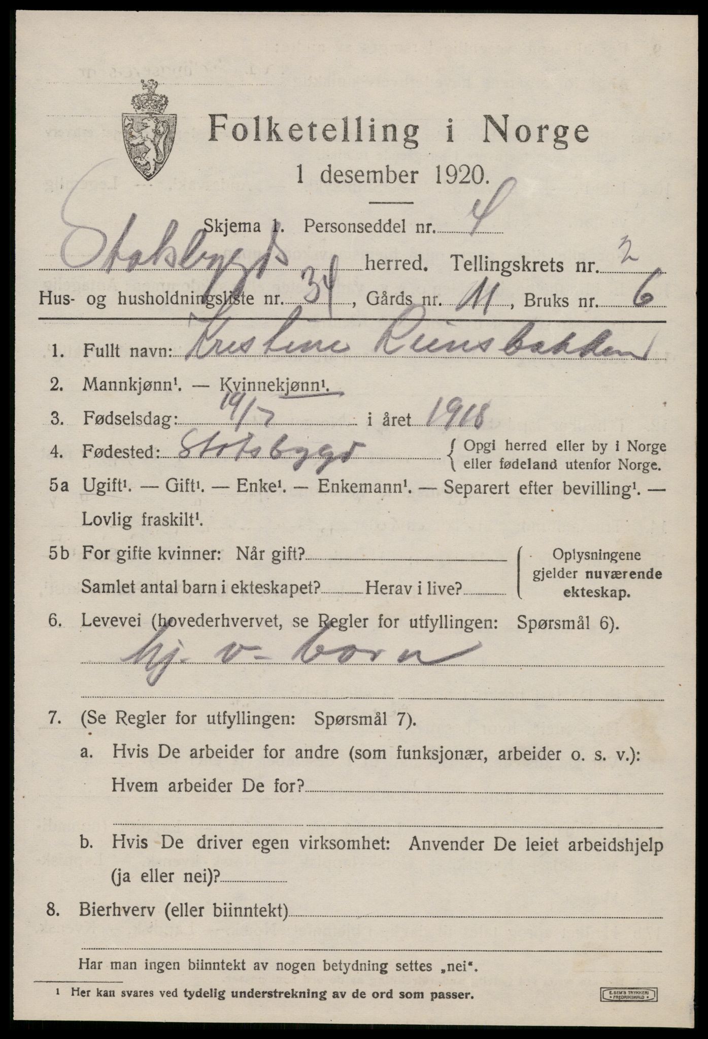 SAT, 1920 census for Stadsbygd, 1920, p. 1658