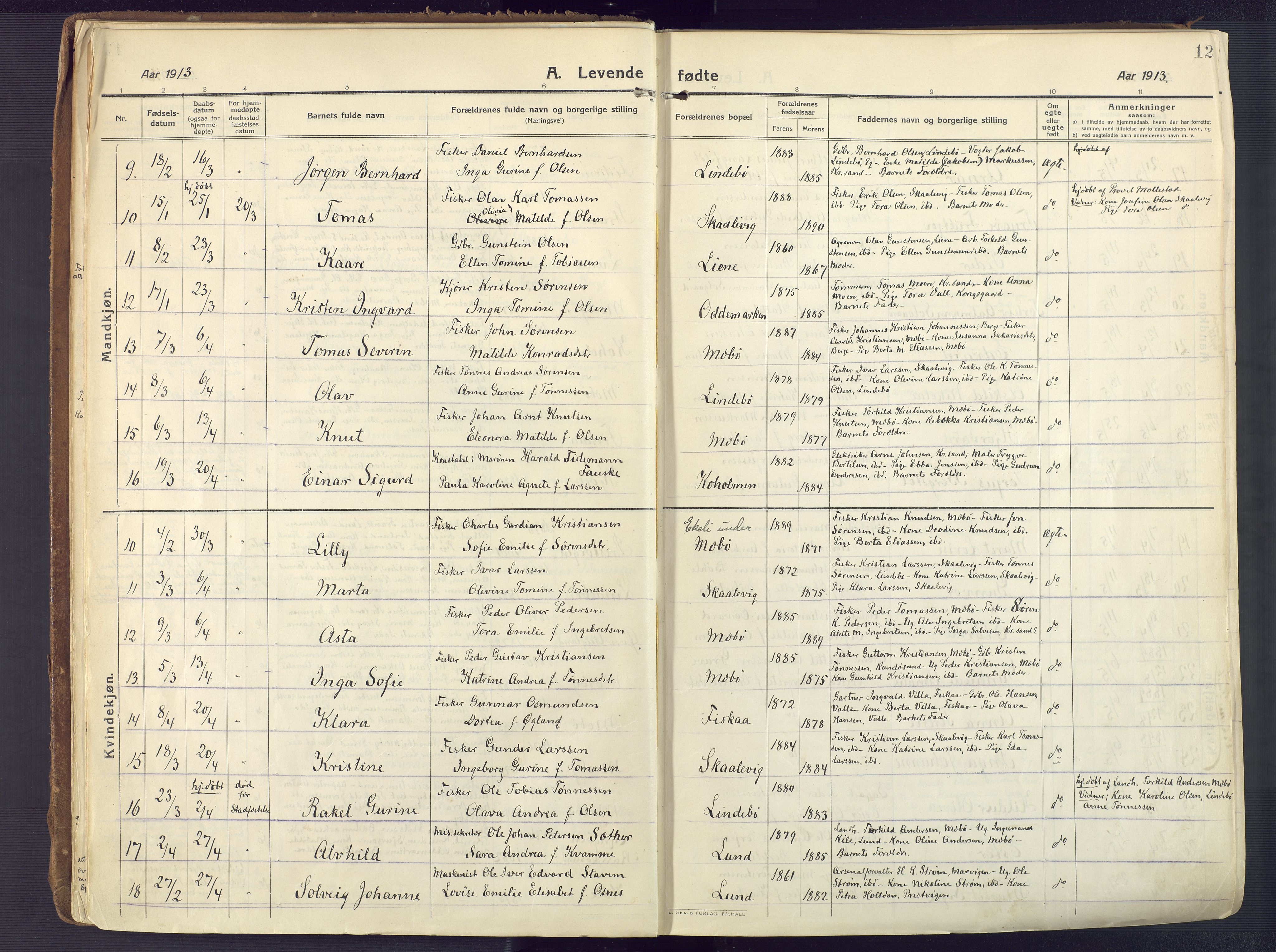 Oddernes sokneprestkontor, AV/SAK-1111-0033/F/Fa/Faa/L0012: Parish register (official) no. A 12, 1912-1925, p. 12