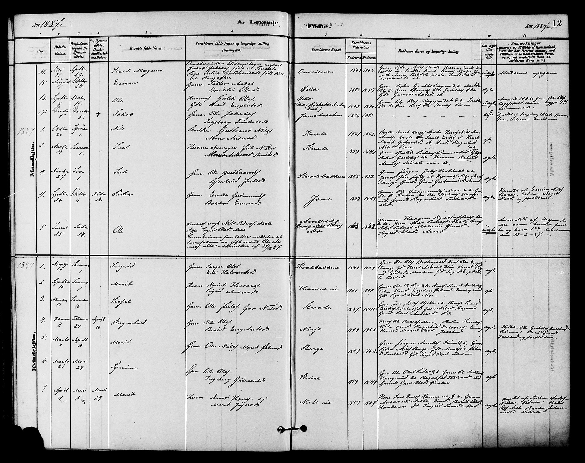 Vestre Slidre prestekontor, SAH/PREST-136/H/Ha/Hab/L0004: Parish register (copy) no. 4, 1881-1912, p. 12