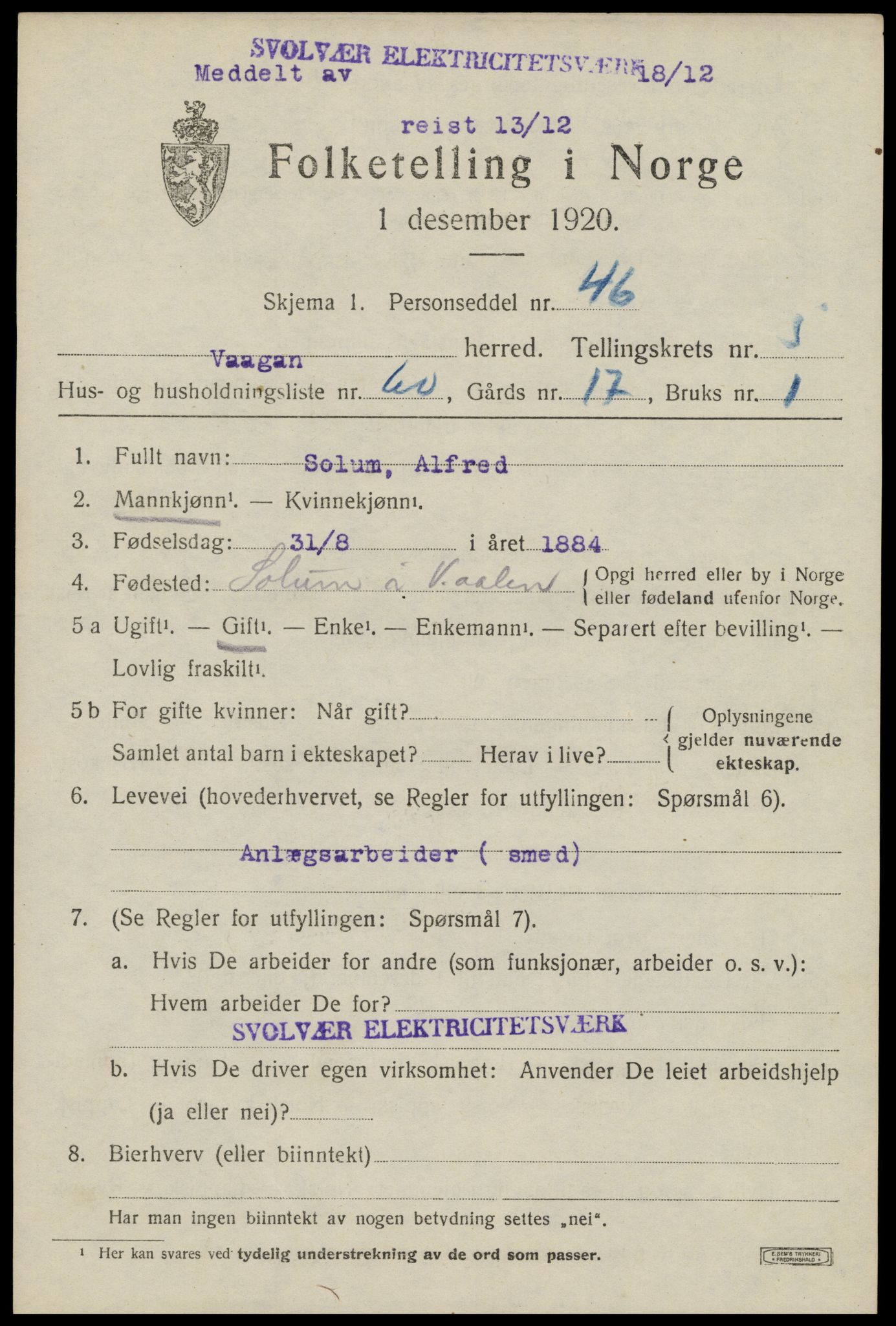 SAT, 1920 census for Vågan, 1920, p. 6131