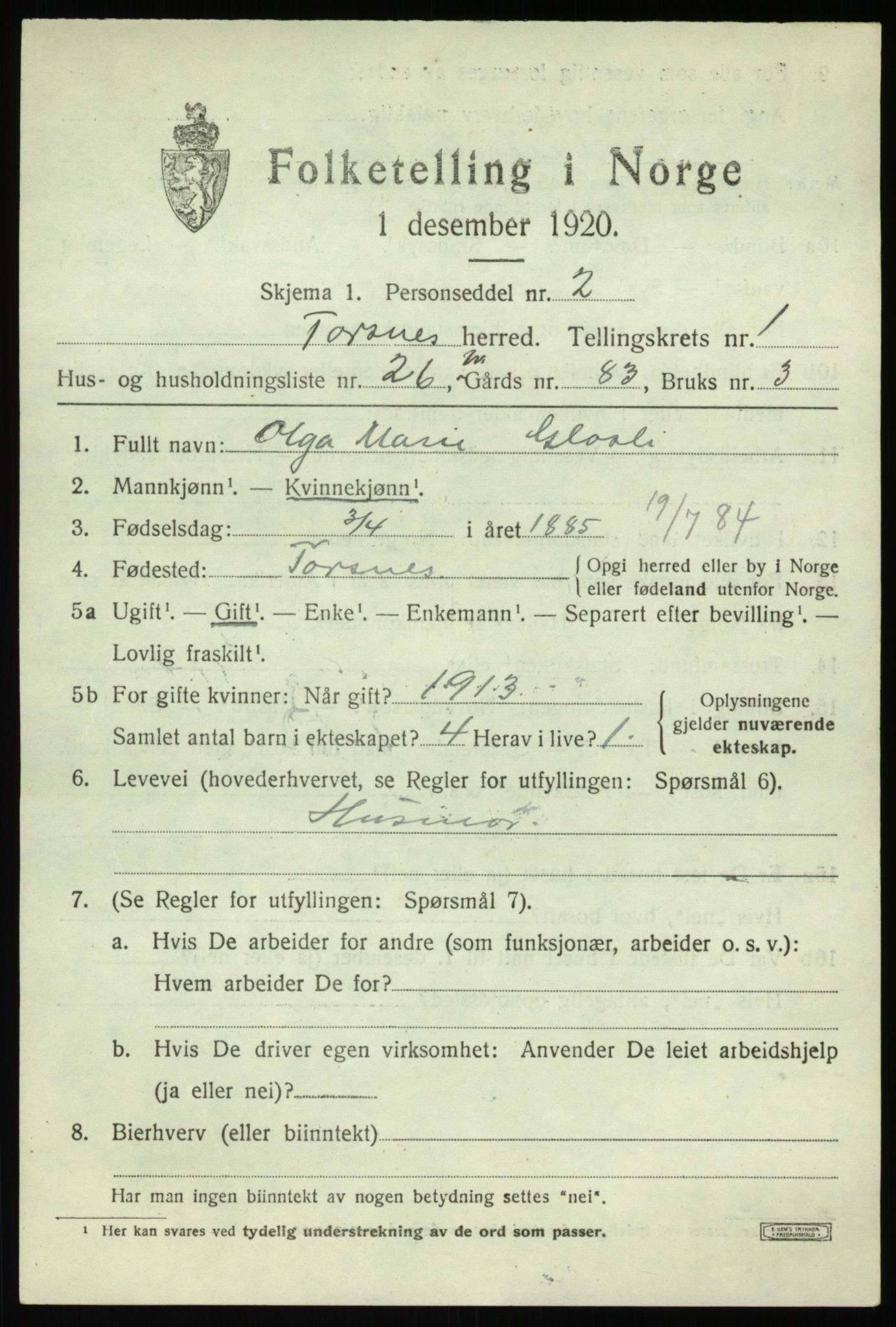 SAO, 1920 census for Torsnes, 1920, p. 743