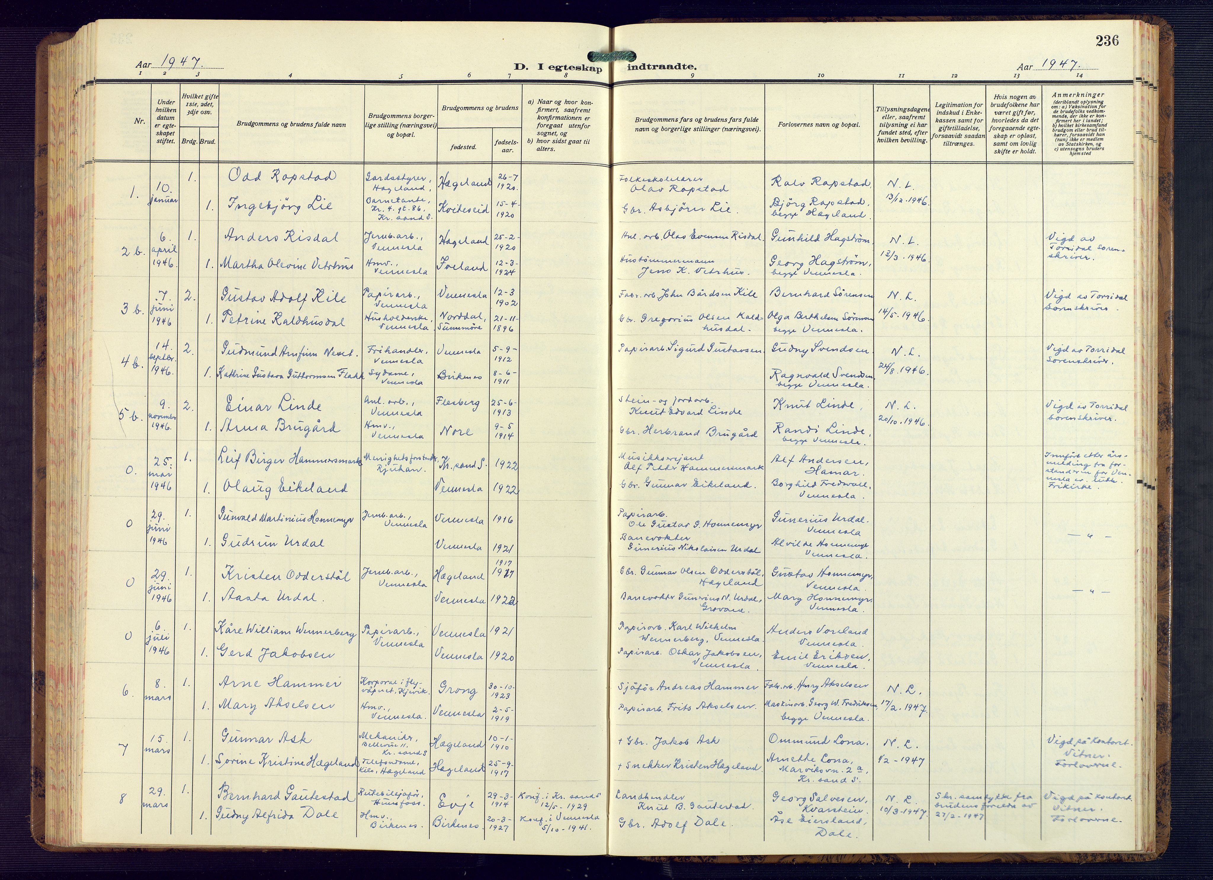 Vennesla sokneprestkontor, AV/SAK-1111-0045/Fb/Fbb/L0008: Parish register (copy) no. B 8, 1934-1947, p. 236