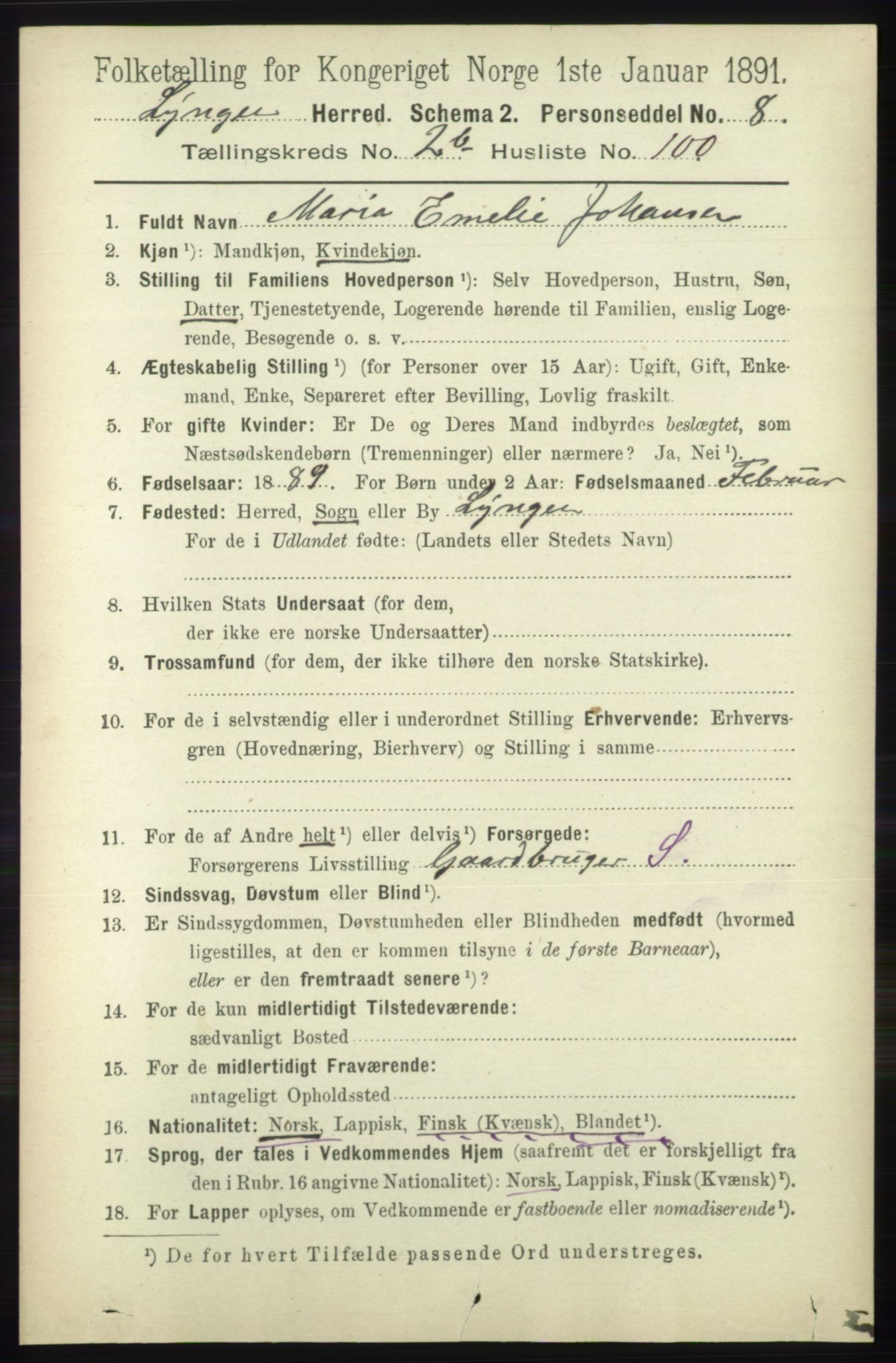 RA, 1891 census for 1938 Lyngen, 1891, p. 3065