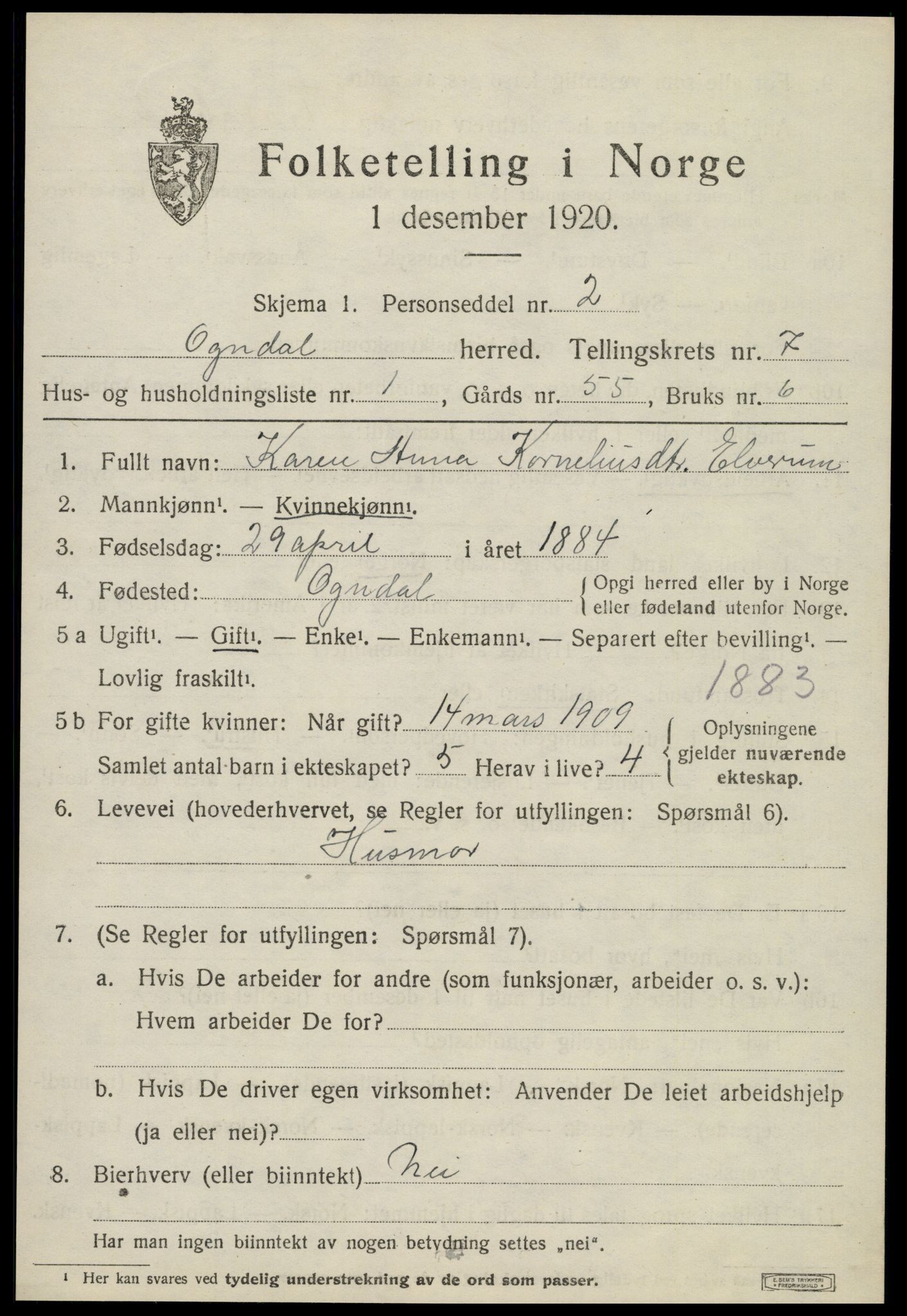 SAT, 1920 census for Ogndal, 1920, p. 2653