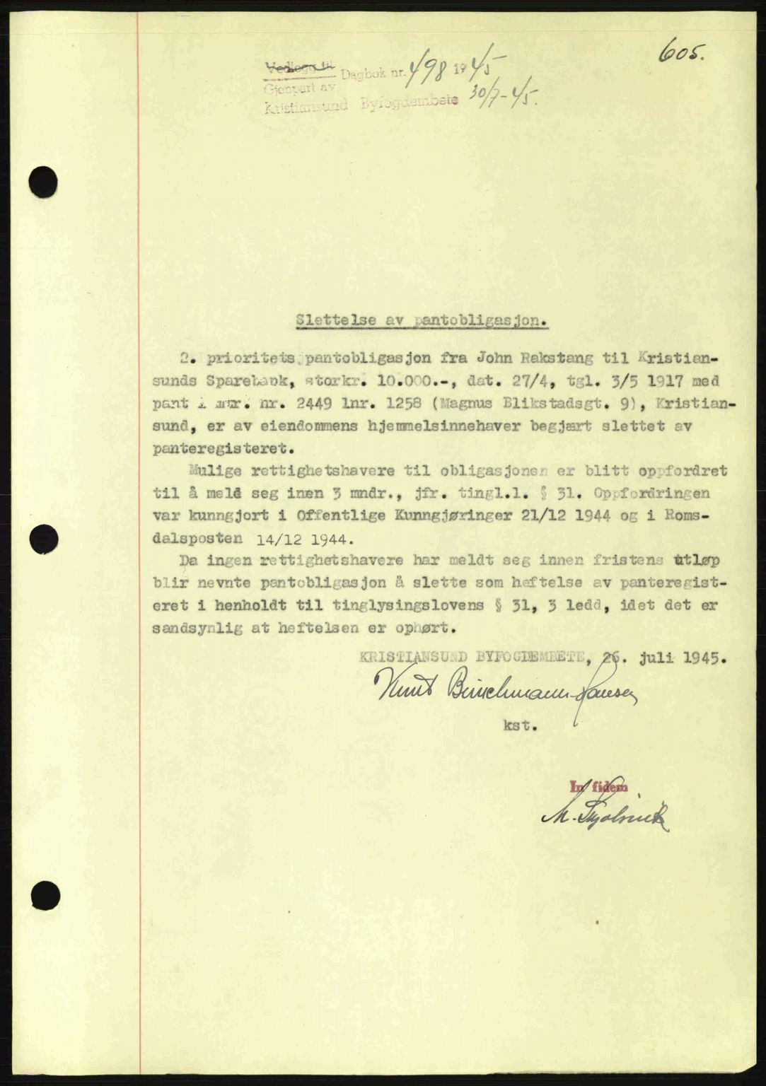 Kristiansund byfogd, AV/SAT-A-4587/A/27: Mortgage book no. 37-38, 1943-1945, Diary no: : 498/1945