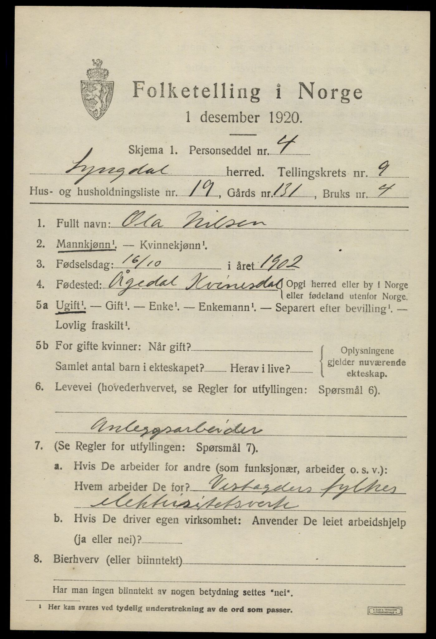 SAK, 1920 census for Lyngdal, 1920, p. 4811