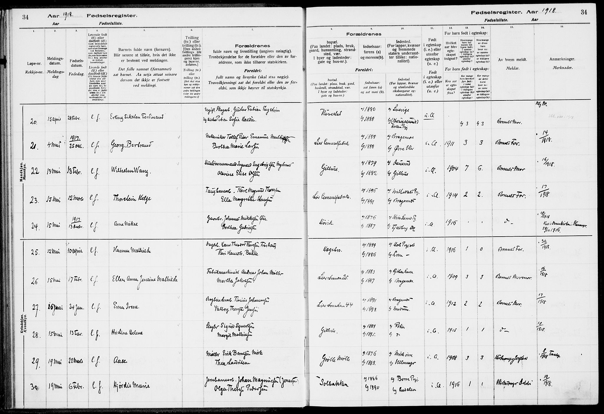 Lier kirkebøker, AV/SAKO-A-230/J/Ja/L0001: Birth register no. 1, 1916-1928, p. 34