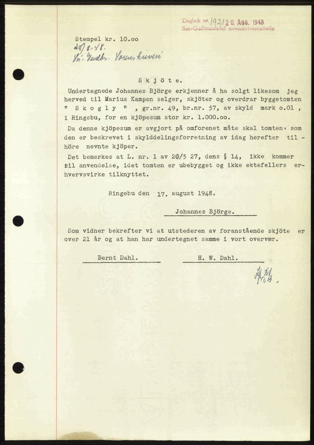 Sør-Gudbrandsdal tingrett, SAH/TING-004/H/Hb/Hbd/L0022: Mortgage book no. A22, 1948-1948, Diary no: : 1921/1948
