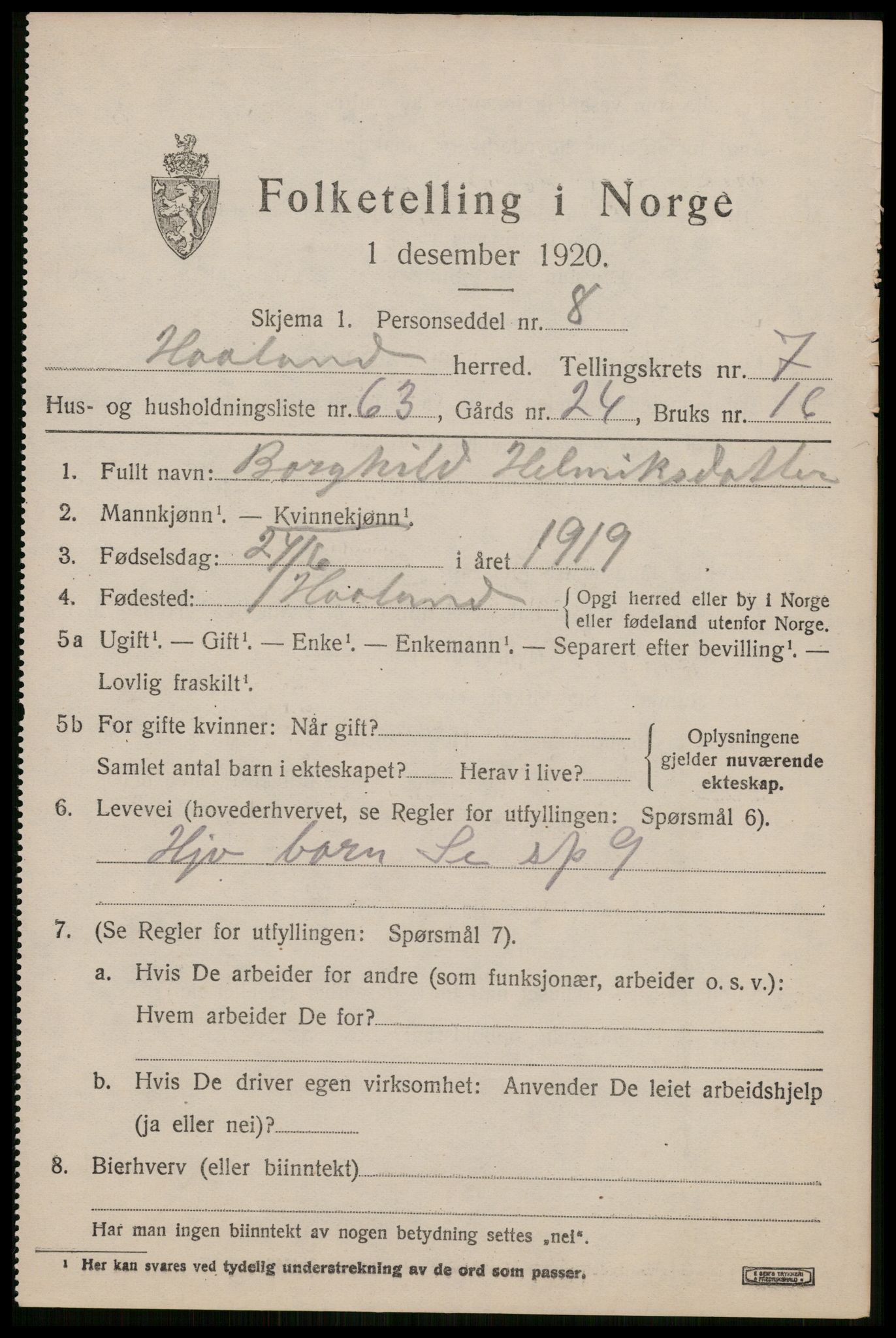 SAST, 1920 census for Håland, 1920, p. 6329