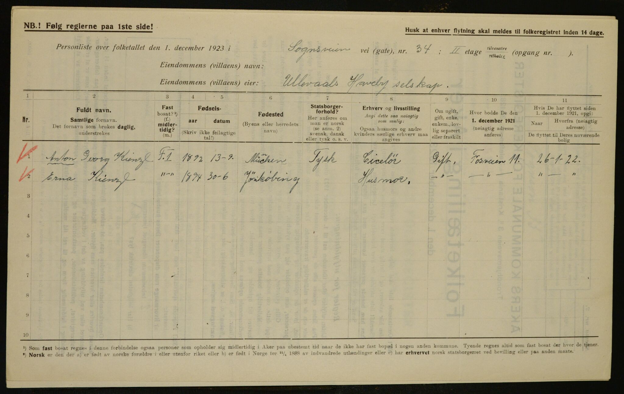 , Municipal Census 1923 for Aker, 1923, p. 17515