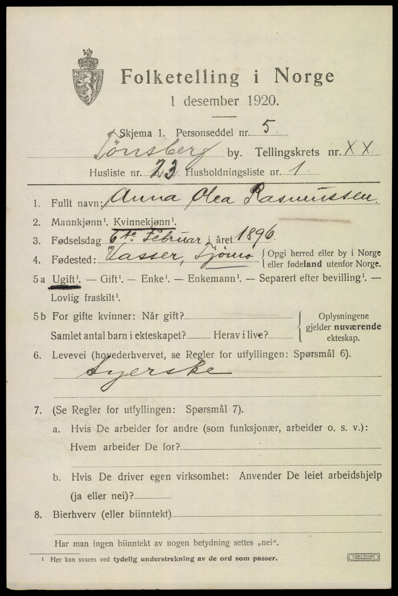 SAKO, 1920 census for Tønsberg, 1920, p. 29757