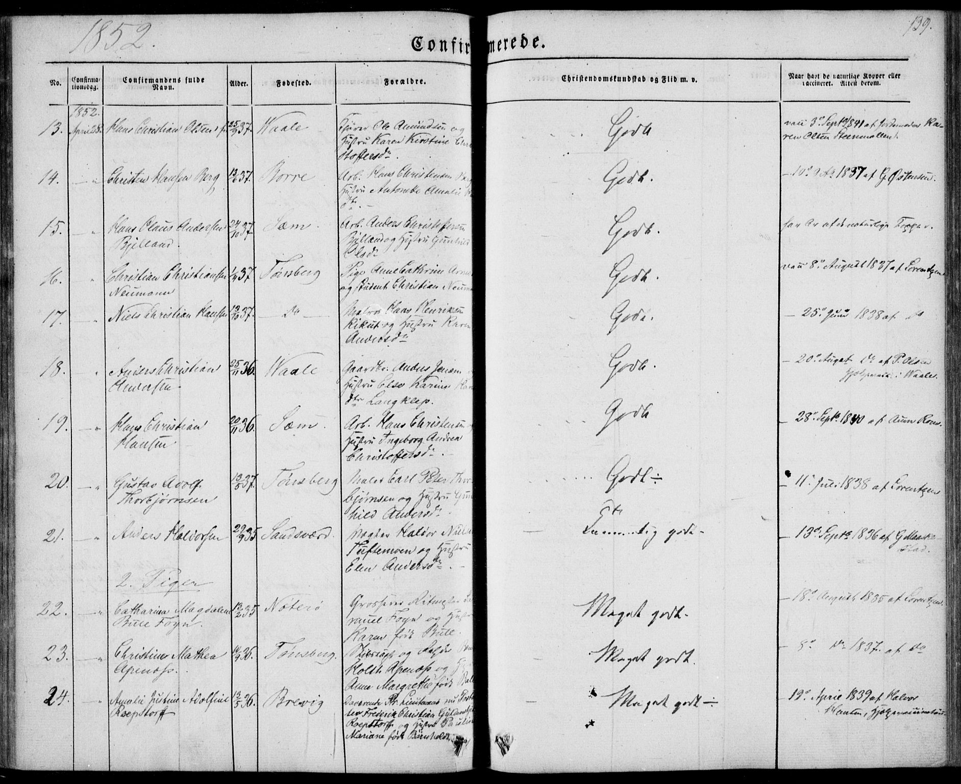 Tønsberg kirkebøker, AV/SAKO-A-330/F/Fa/L0007: Parish register (official) no. I 7, 1845-1854, p. 139