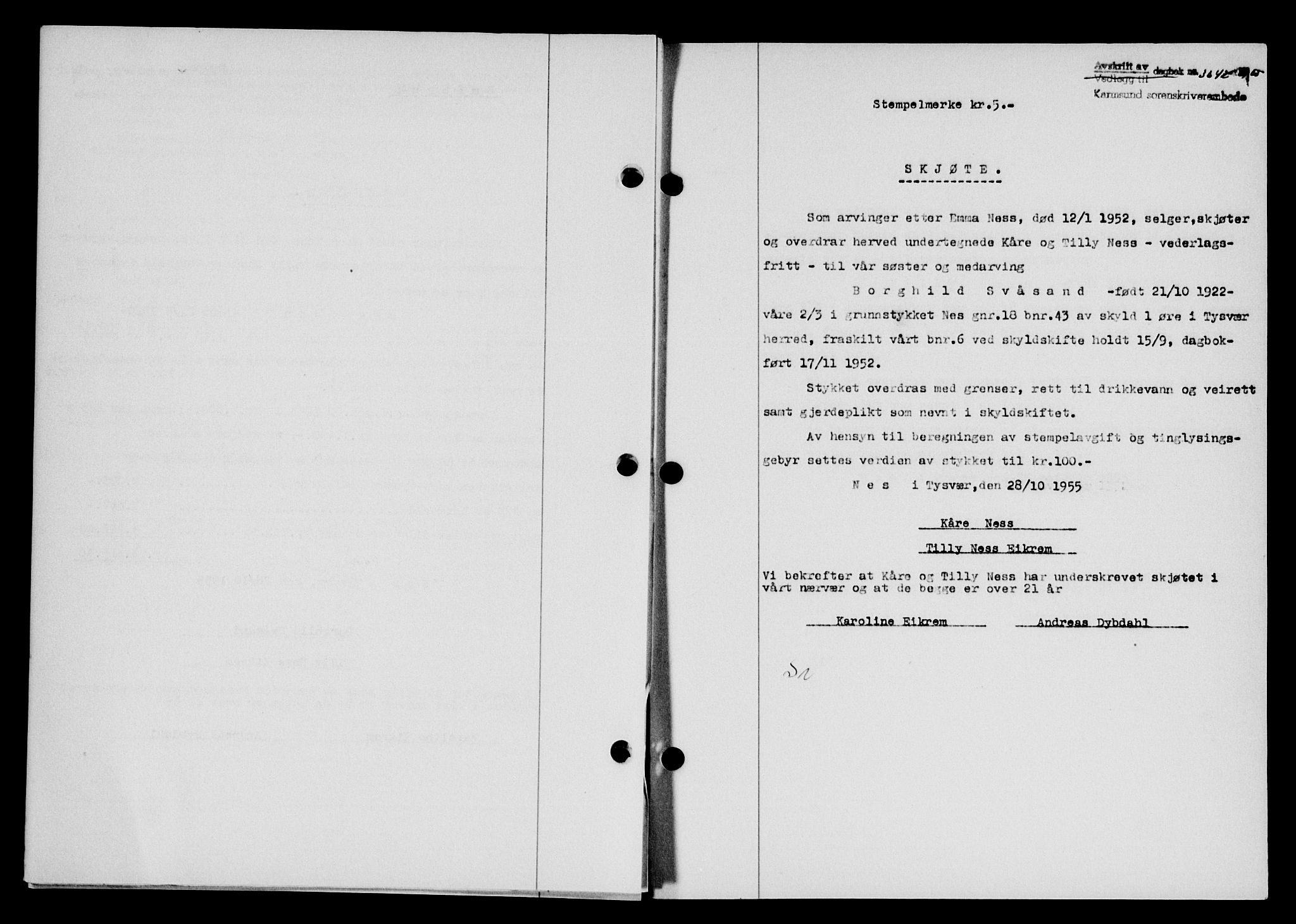 Karmsund sorenskriveri, SAST/A-100311/01/II/IIB/L0117: Mortgage book no. 97Aa, 1955-1955, Diary no: : 3642/1955