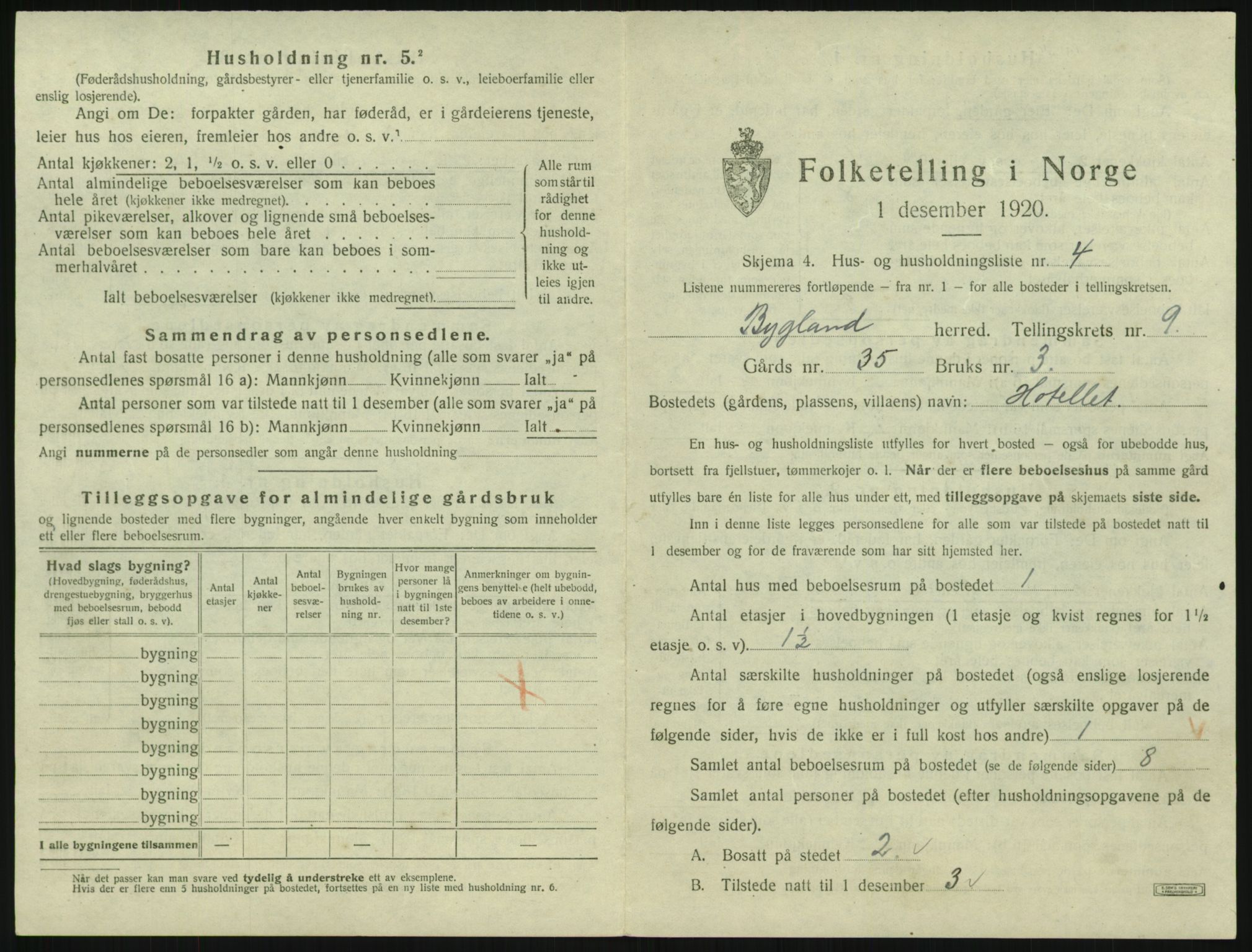 SAK, 1920 census for Bygland, 1920, p. 475