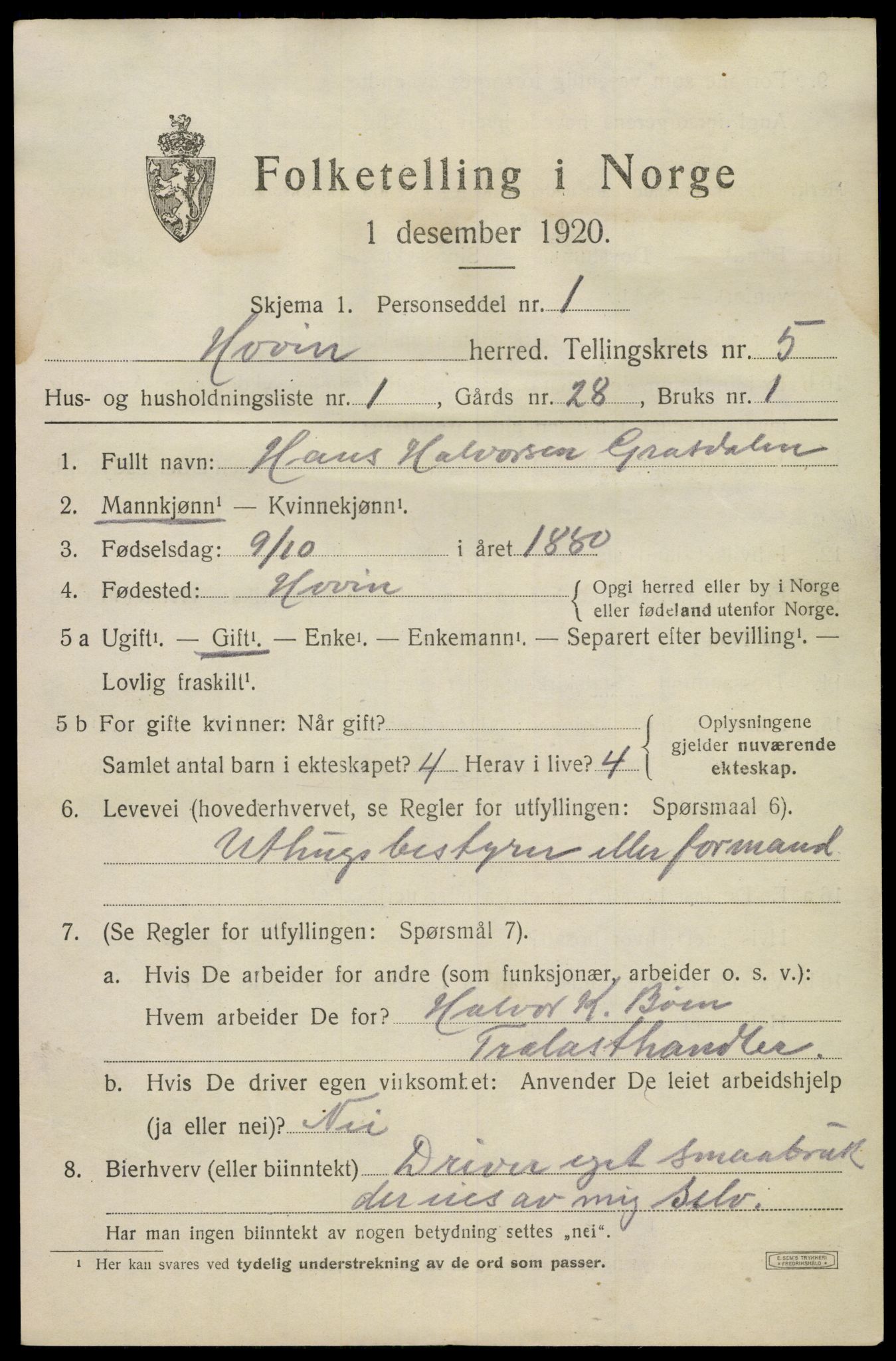 SAKO, 1920 census for Hovin, 1920, p. 1323