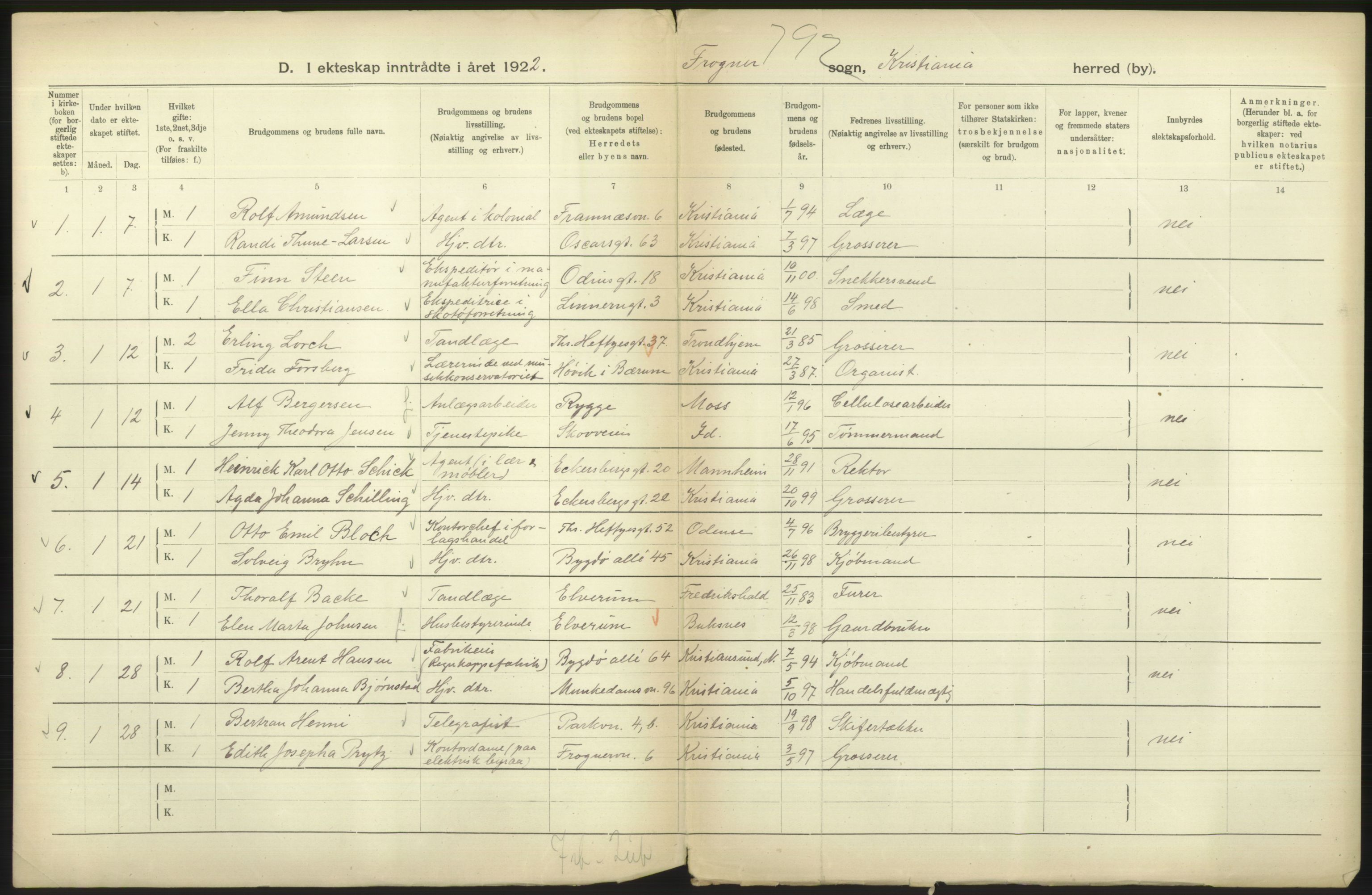 Statistisk sentralbyrå, Sosiodemografiske emner, Befolkning, AV/RA-S-2228/D/Df/Dfc/Dfcb/L0008: Kristiania: Gifte, 1922, p. 476