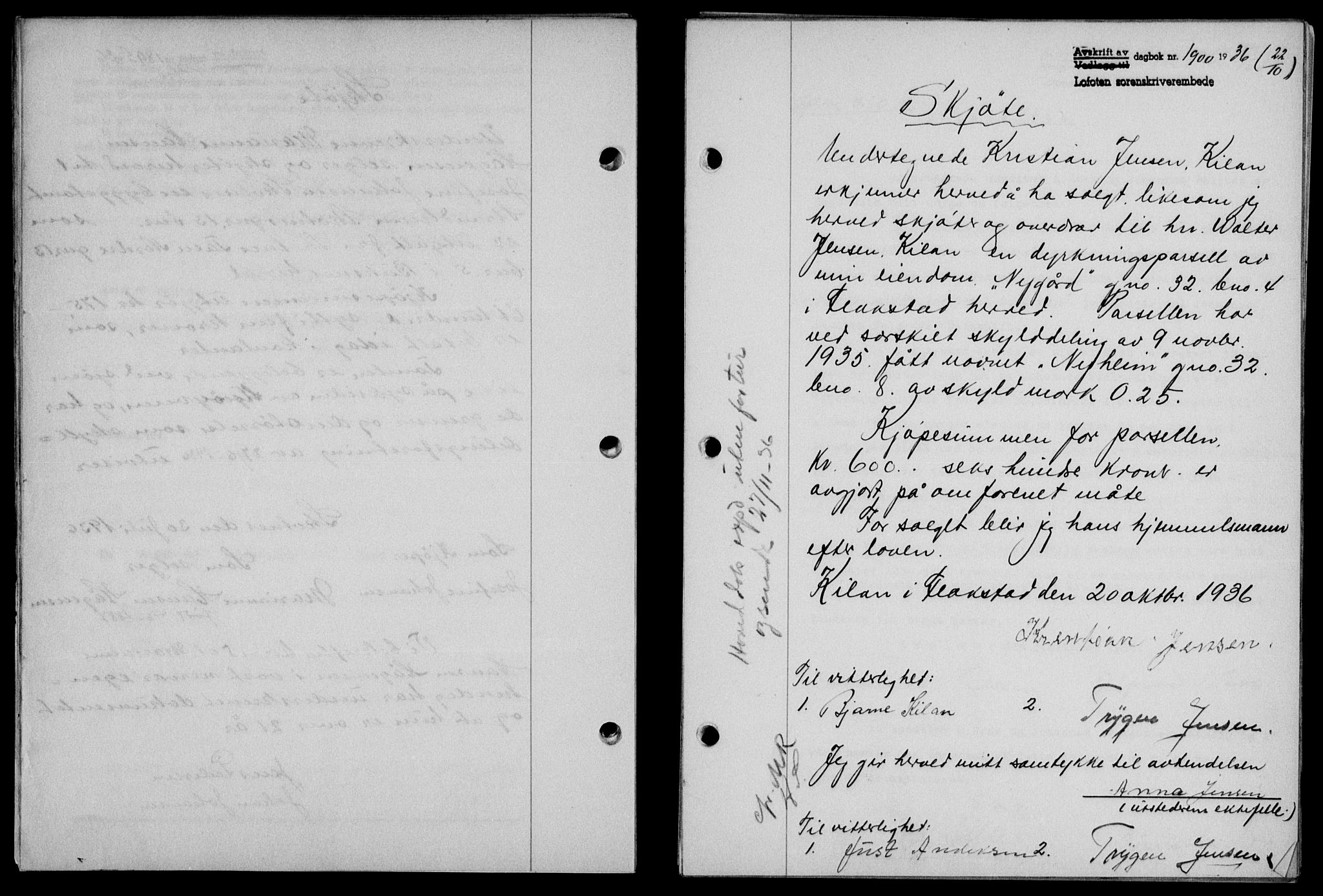 Lofoten sorenskriveri, SAT/A-0017/1/2/2C/L0001a: Mortgage book no. 1a, 1936-1937, Diary no: : 1900/1936