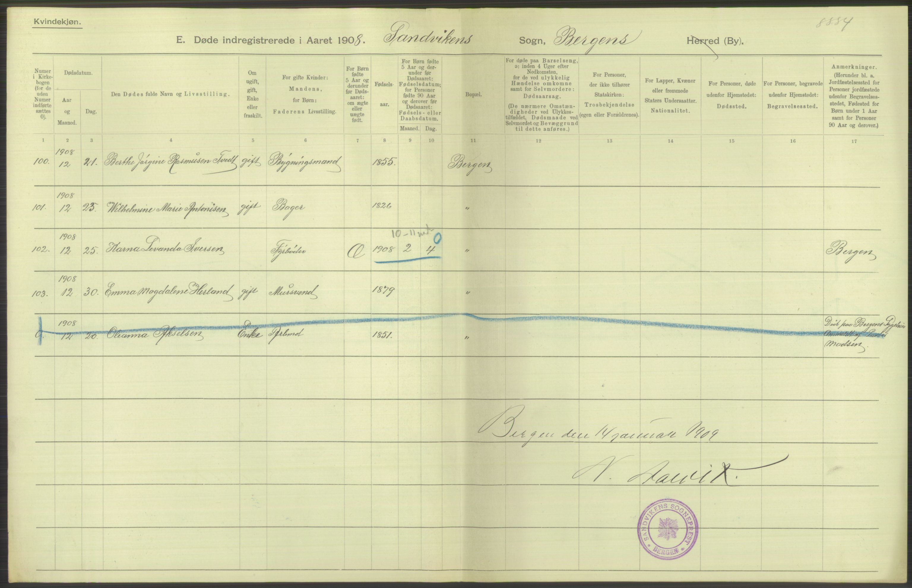Statistisk sentralbyrå, Sosiodemografiske emner, Befolkning, AV/RA-S-2228/D/Df/Dfa/Dfaf/L0031: Bergen: Gifte, døde, dødfødte., 1908, p. 56