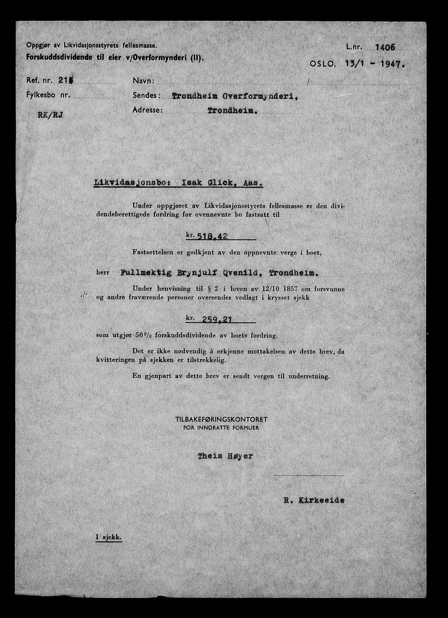 Justisdepartementet, Tilbakeføringskontoret for inndratte formuer, AV/RA-S-1564/H/Hc/Hcc/L0938: --, 1945-1947, p. 4