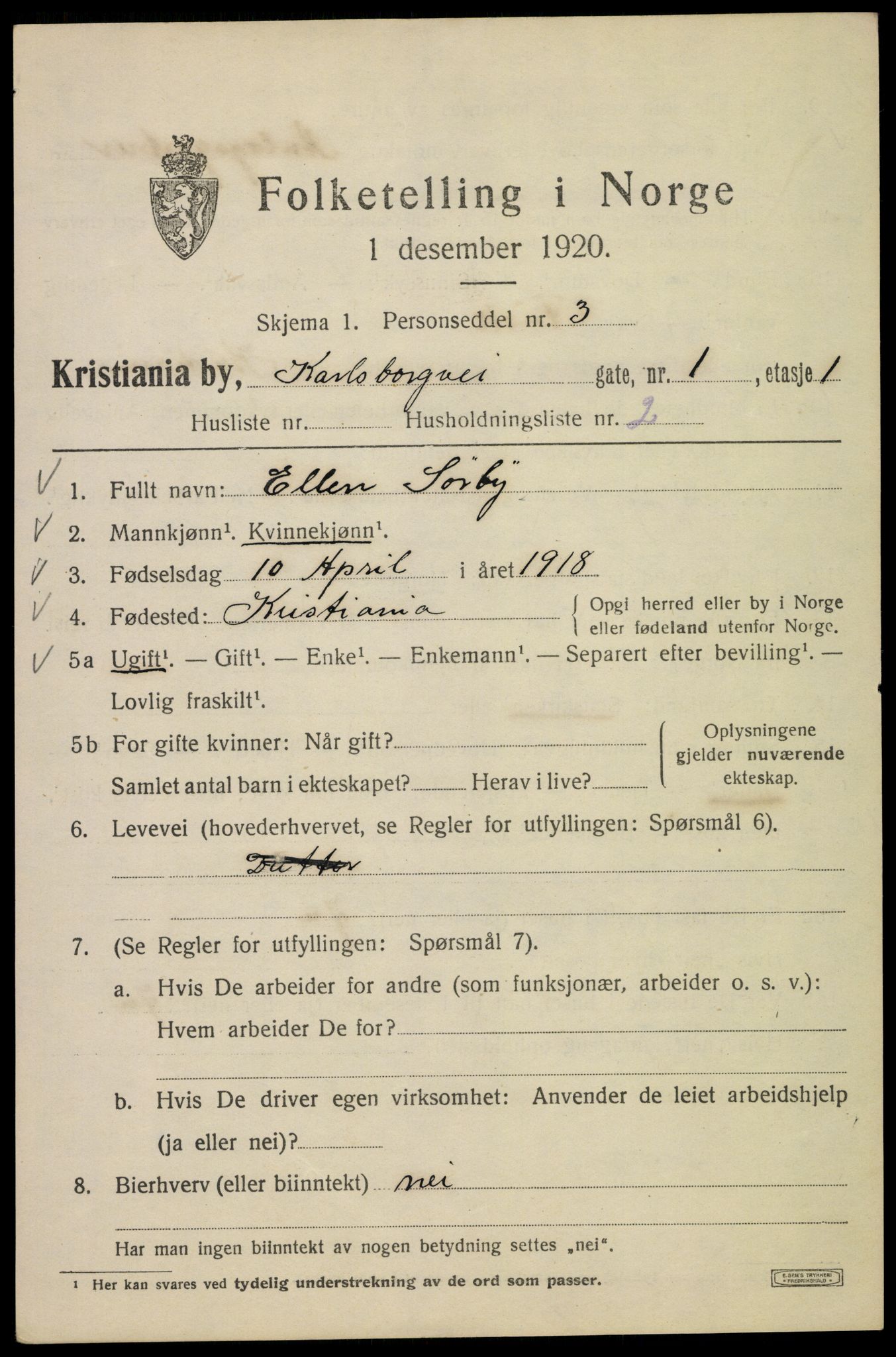 SAO, 1920 census for Kristiania, 1920, p. 330001