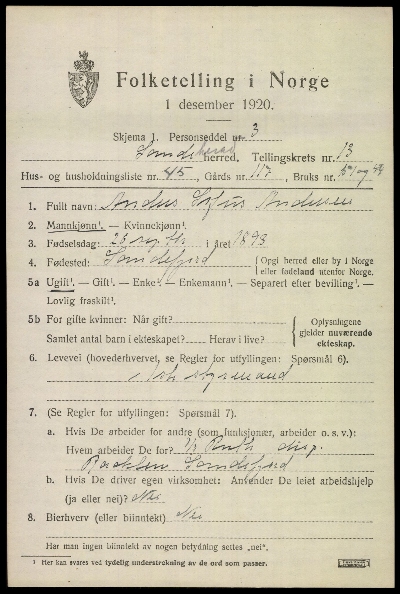 SAKO, 1920 census for Sandeherred, 1920, p. 19844