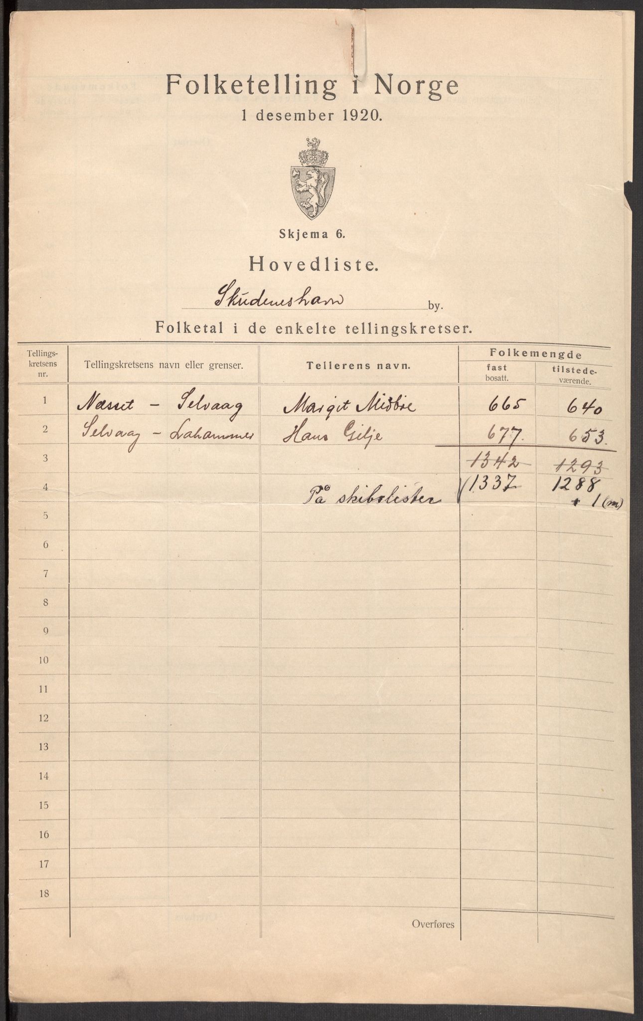 SAST, 1920 census for Skudeneshavn, 1920, p. 5