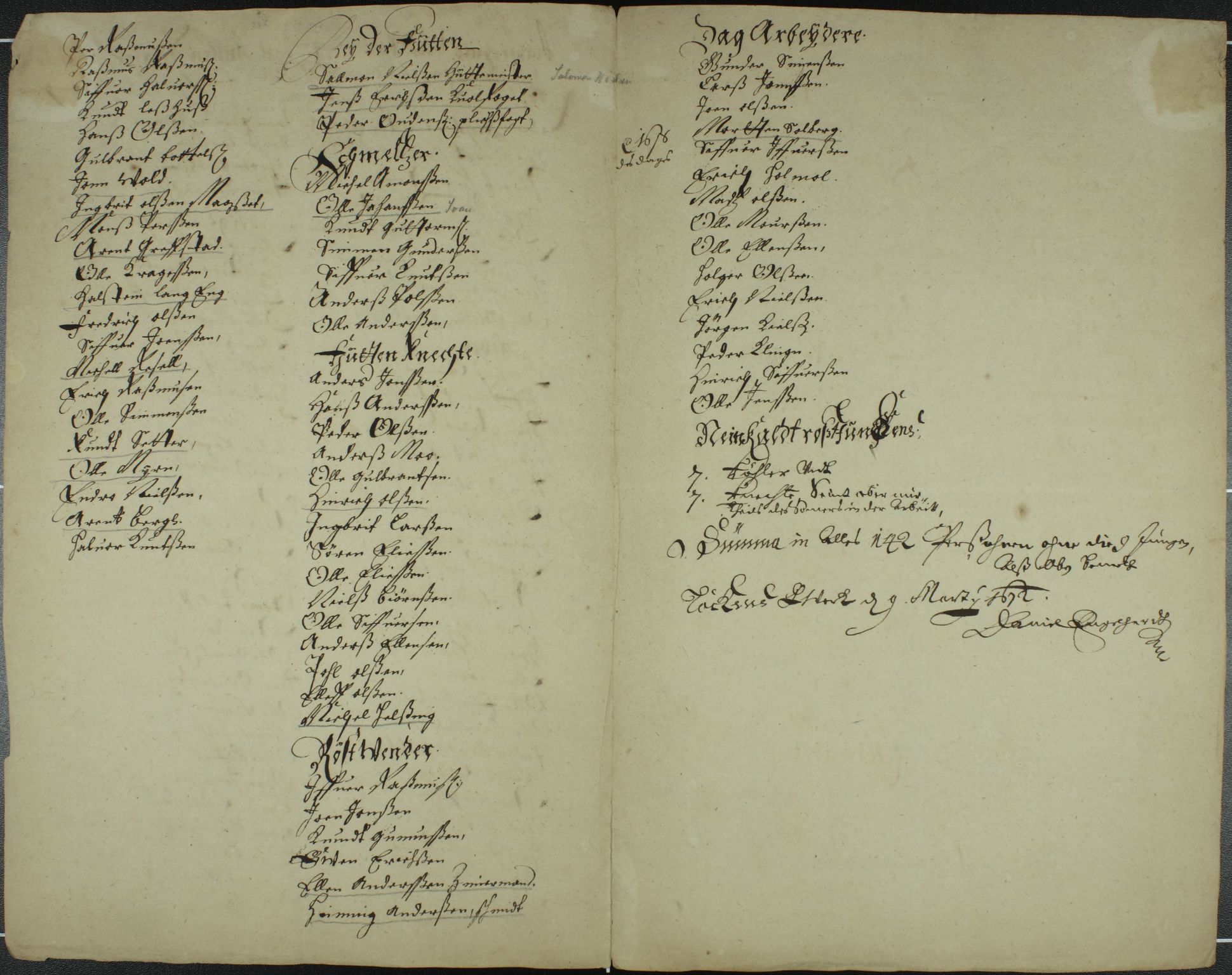 Løkken Kobberverk, MIST/OI-A-6001/P/Pa/0001 / Fortegnelse over mannskap ved Löckens Werck ved Daniel Engelhardt, 1672., 1672