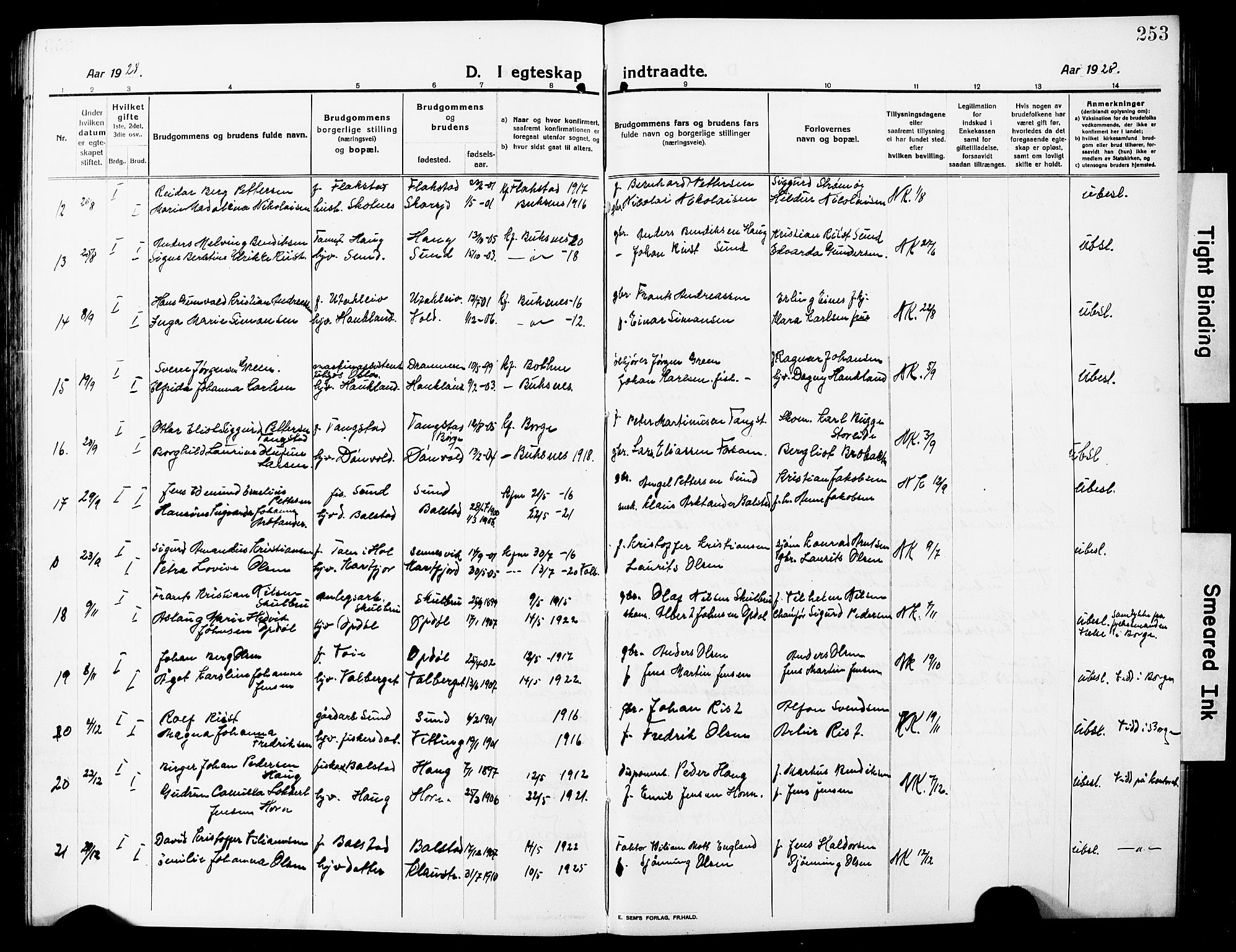 Ministerialprotokoller, klokkerbøker og fødselsregistre - Nordland, AV/SAT-A-1459/881/L1169: Parish register (copy) no. 881C06, 1912-1930, p. 253