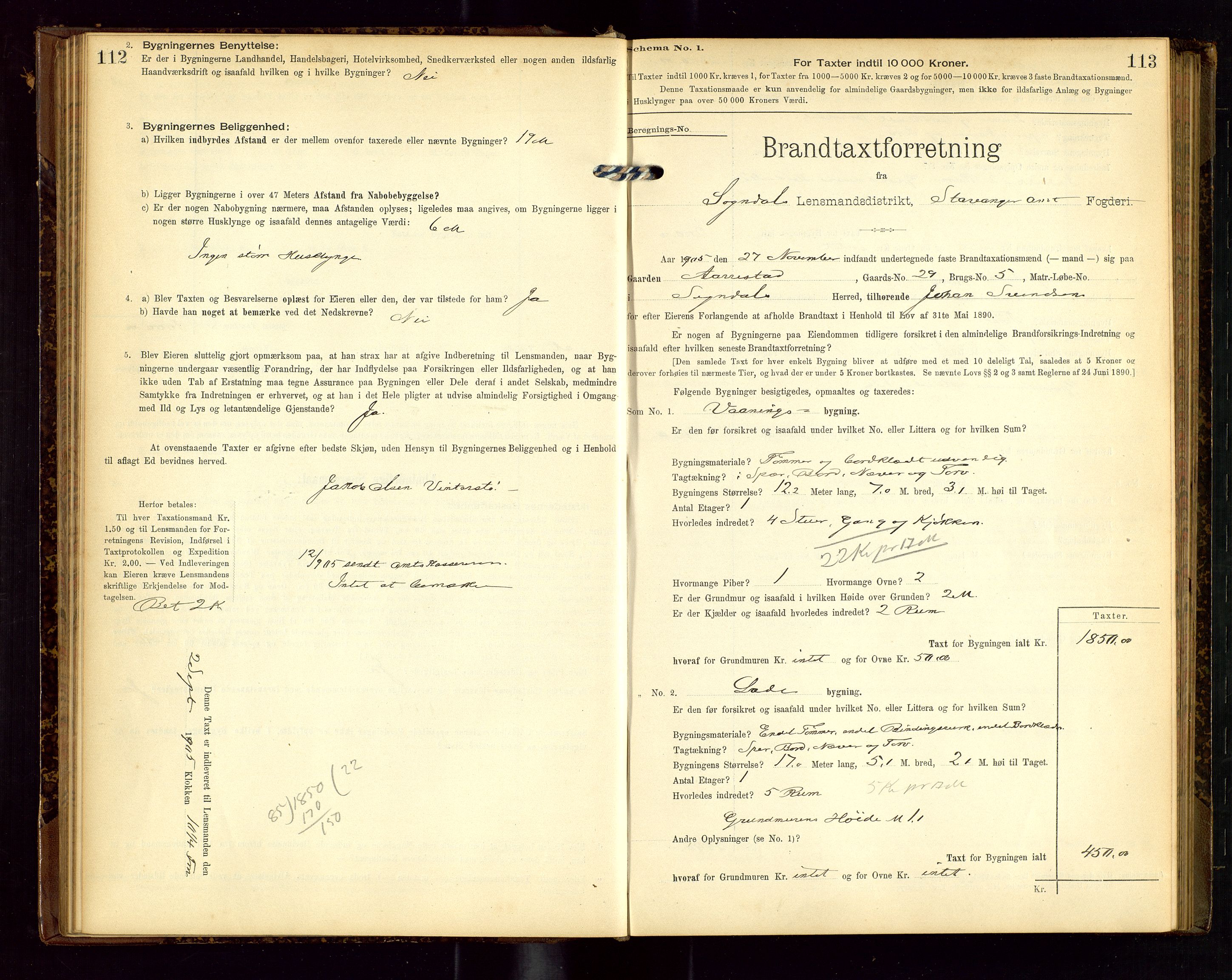 Sokndal lensmannskontor, SAST/A-100417/Gob/L0002: "Brandtaxt-Protokol", 1902-1914, p. 112-113