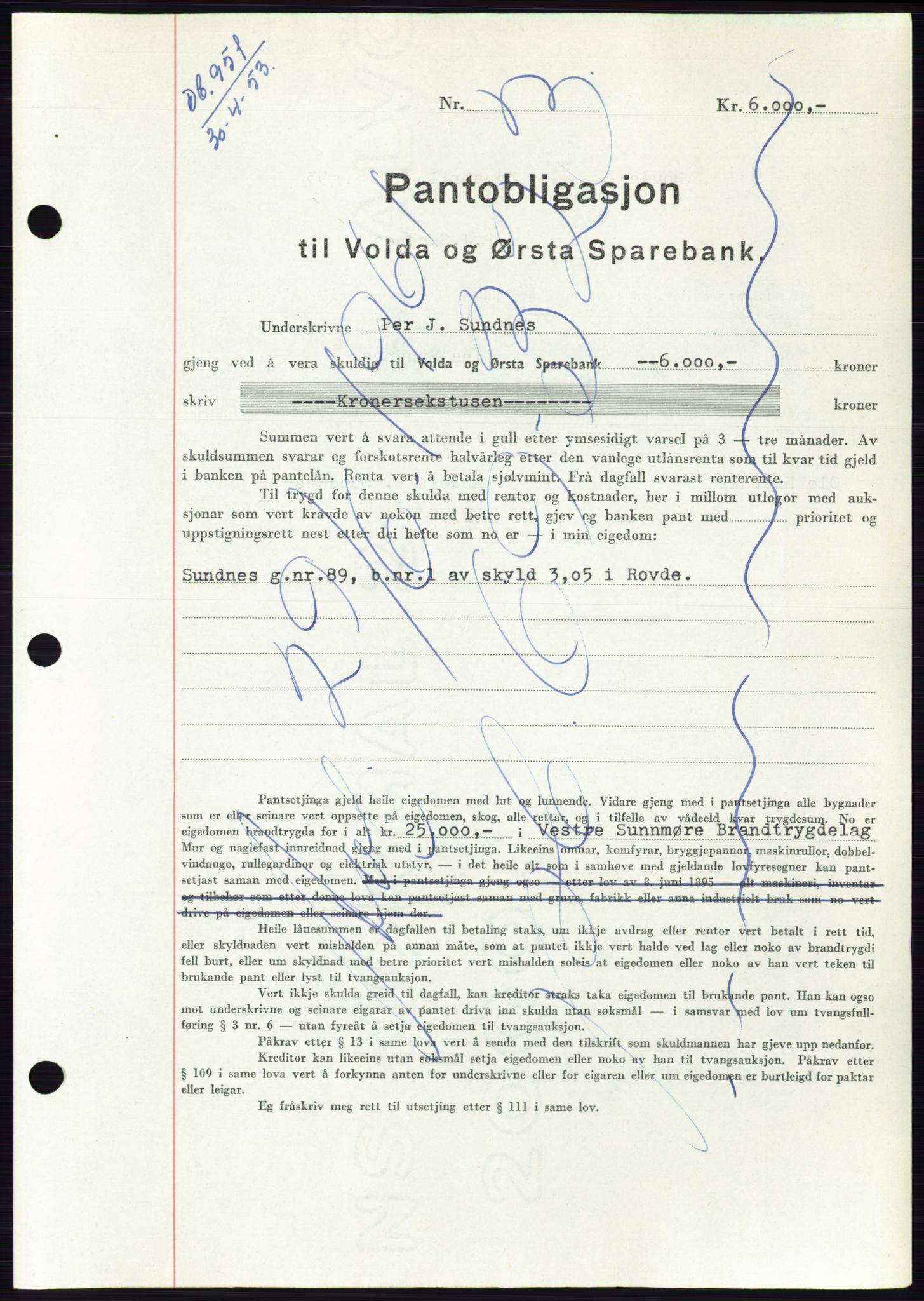 Søre Sunnmøre sorenskriveri, SAT/A-4122/1/2/2C/L0123: Mortgage book no. 11B, 1953-1953, Diary no: : 951/1953