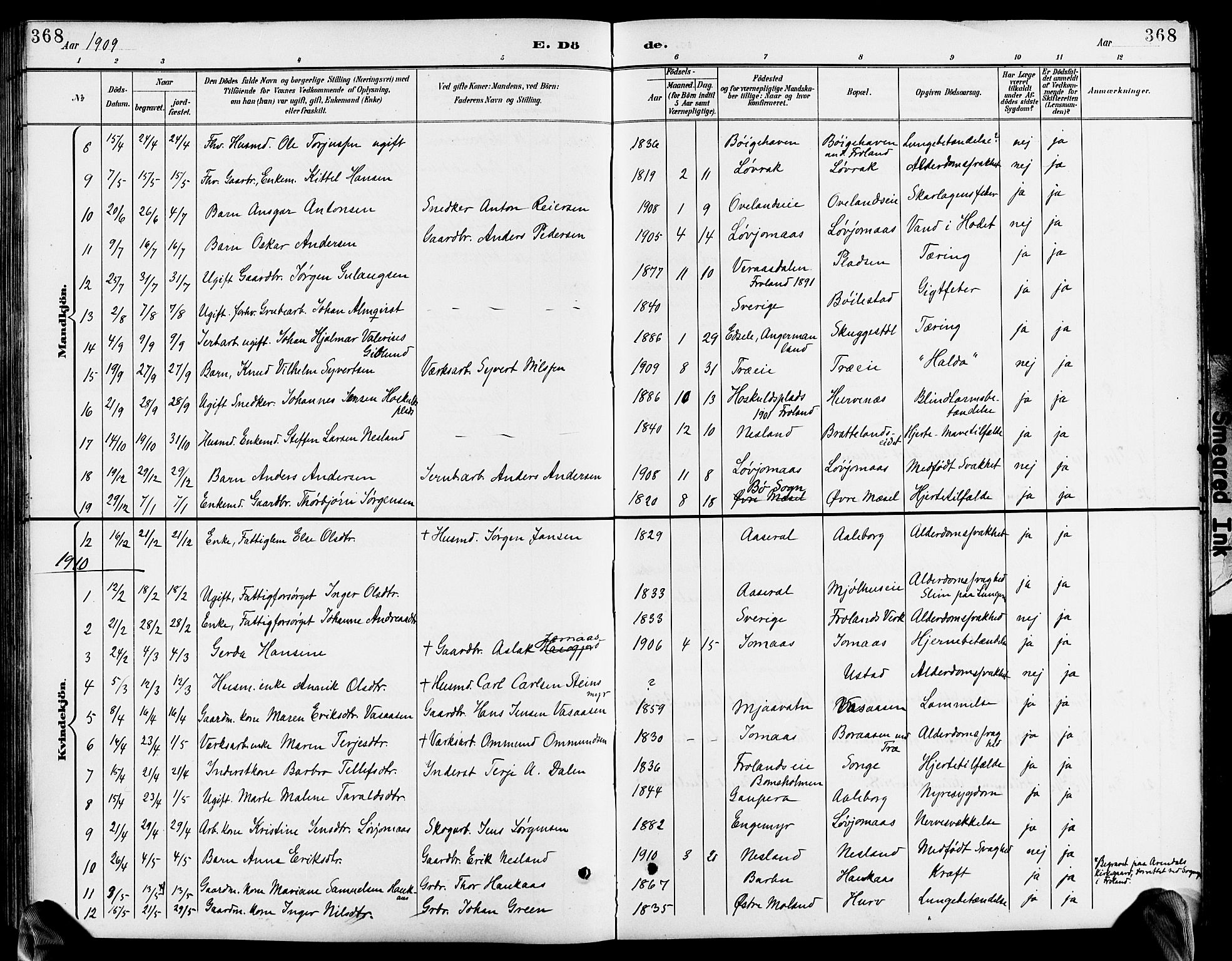 Froland sokneprestkontor, SAK/1111-0013/F/Fb/L0010: Parish register (copy) no. B 10, 1893-1920, p. 368