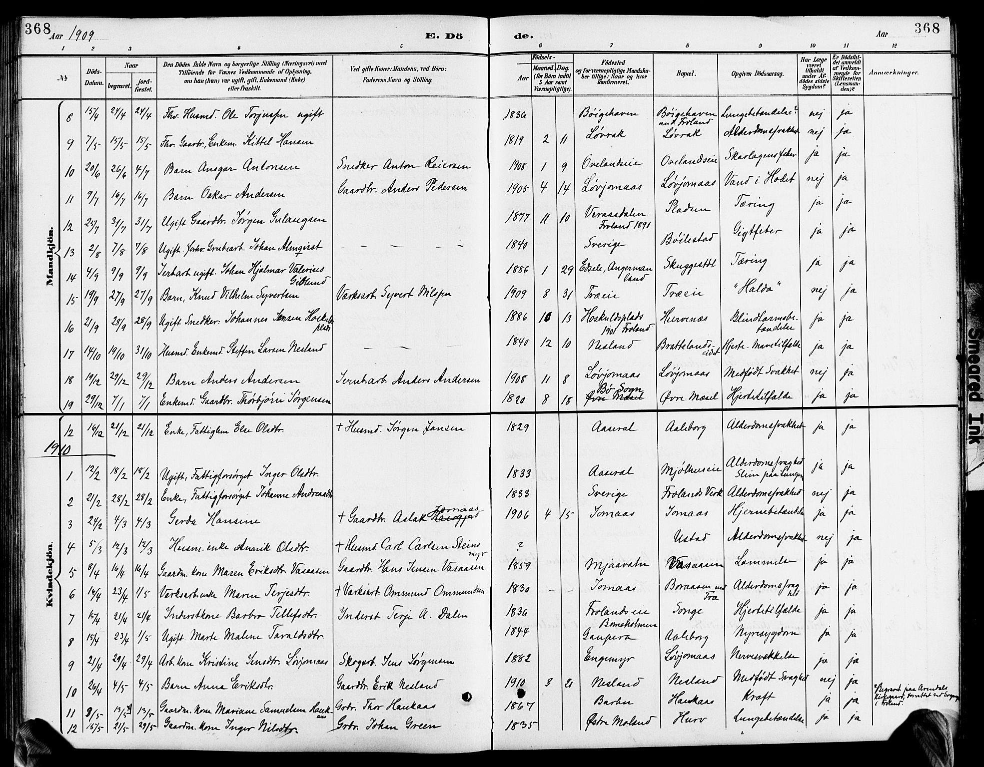 Froland sokneprestkontor, AV/SAK-1111-0013/F/Fb/L0010: Parish register (copy) no. B 10, 1893-1920, p. 368