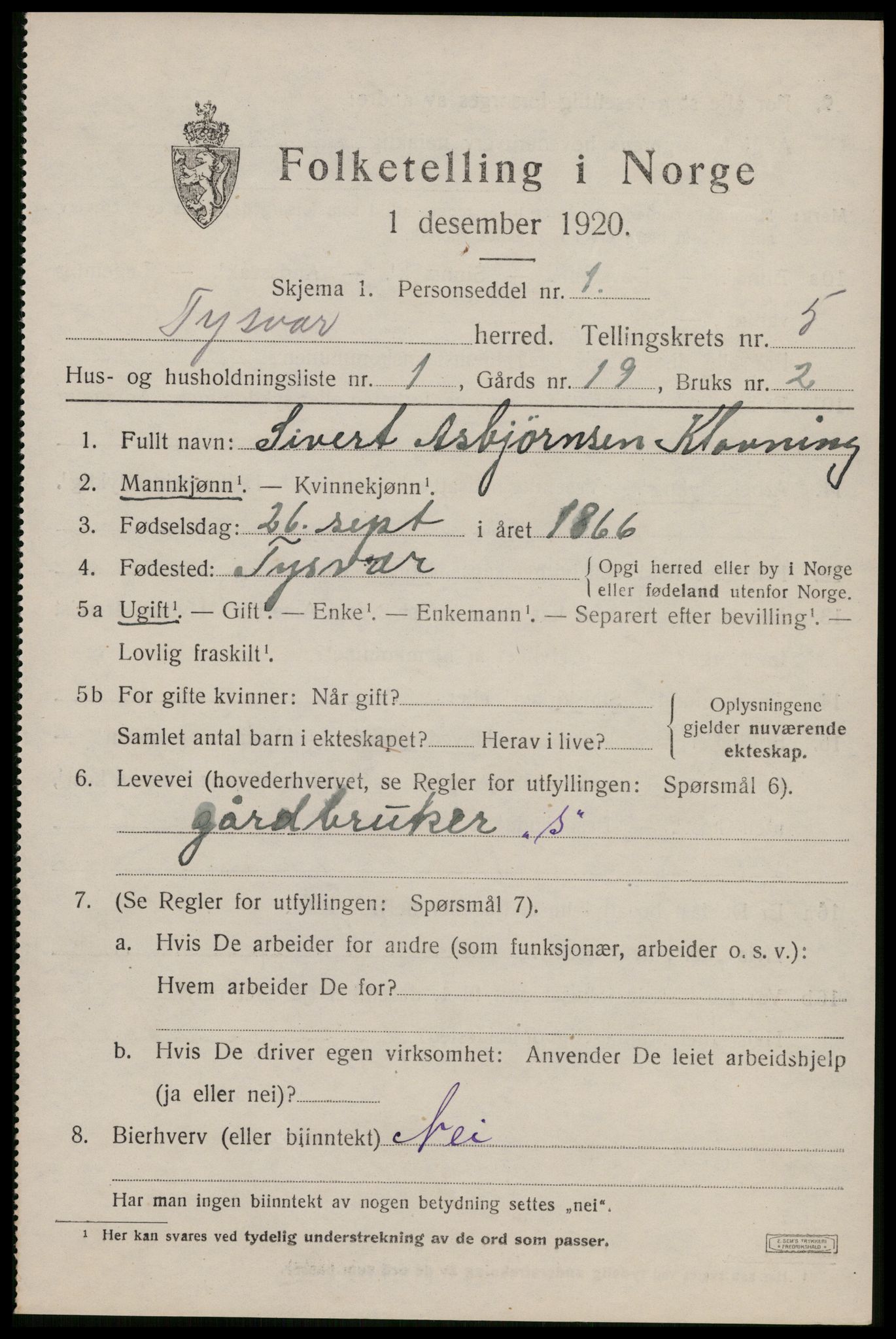 SAST, 1920 census for Tysvær, 1920, p. 1850