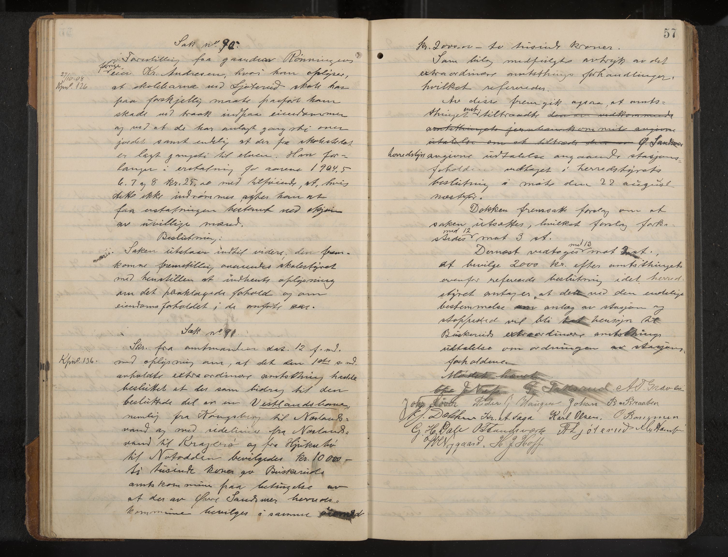 Øvre Sandsvær formannskap og sentraladministrasjon, IKAK/0630021/A/L0001: Møtebok med register, 1908-1913, p. 57