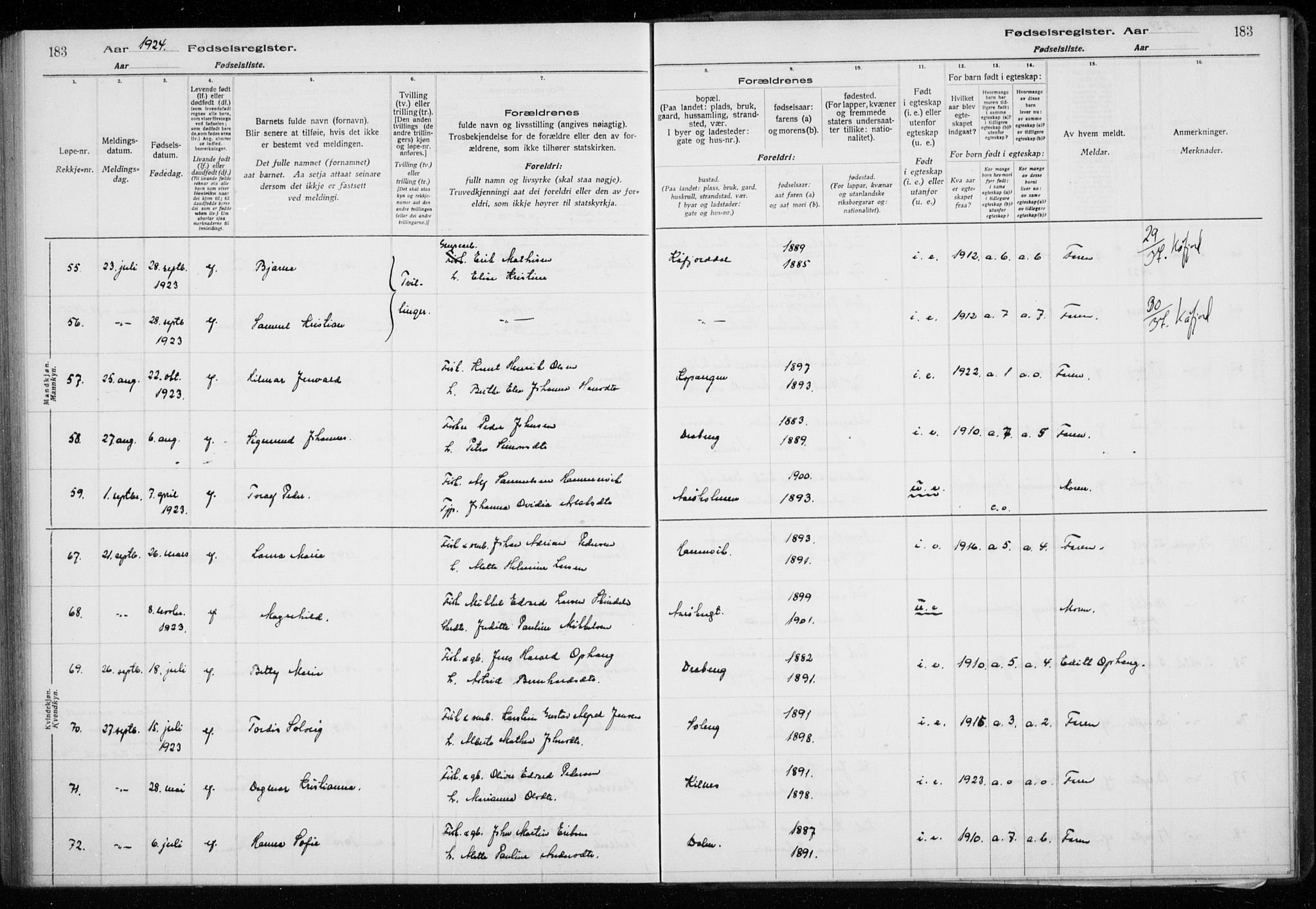 Lyngen sokneprestembete, SATØ/S-1289/I/Ia/L0075: Birth register no. 75, 1916-1924, p. 183