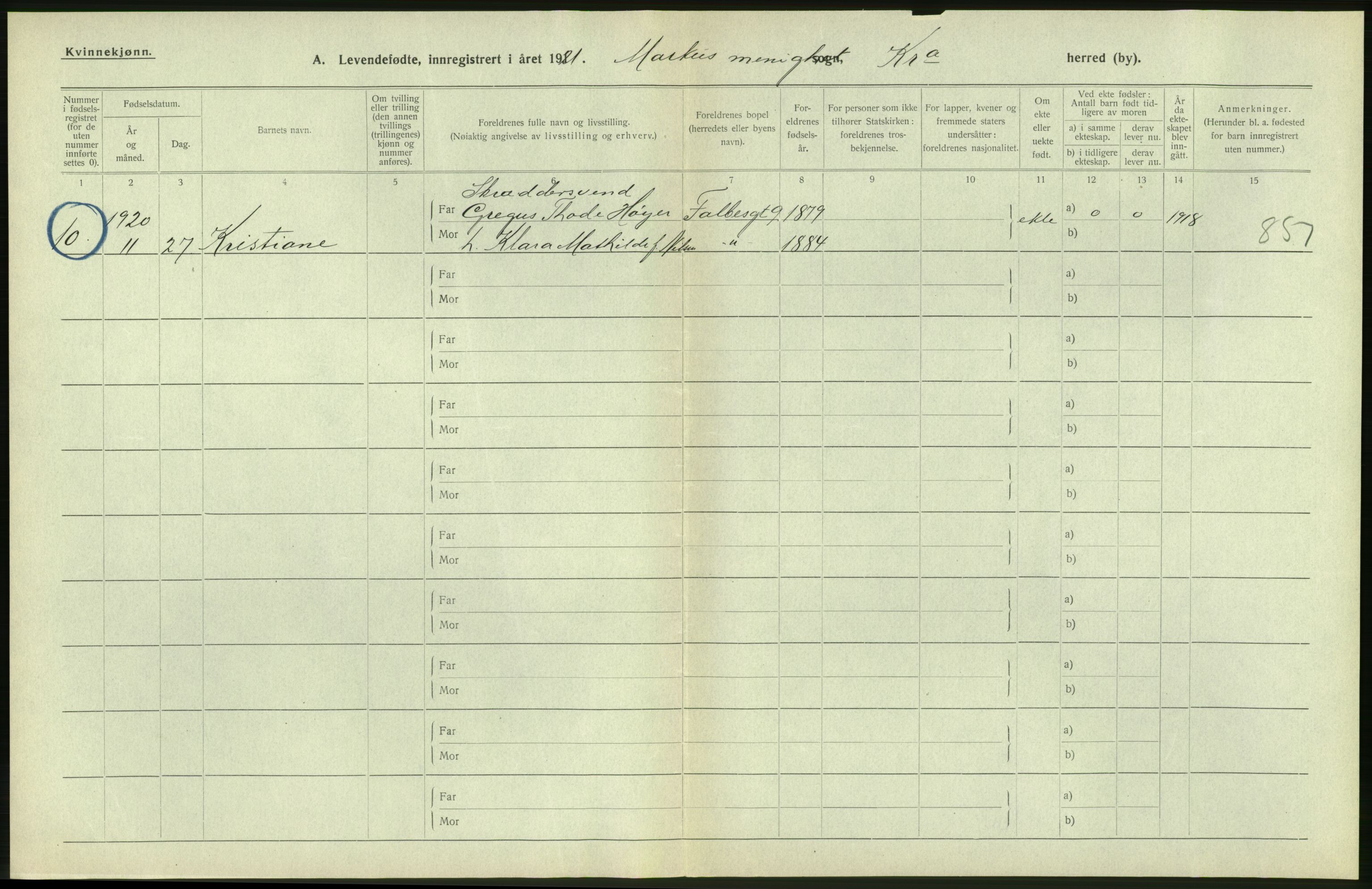 Statistisk sentralbyrå, Sosiodemografiske emner, Befolkning, AV/RA-S-2228/D/Df/Dfc/Dfca/L0010: Kristiania: Levendefødte menn og kvinner., 1921, p. 228