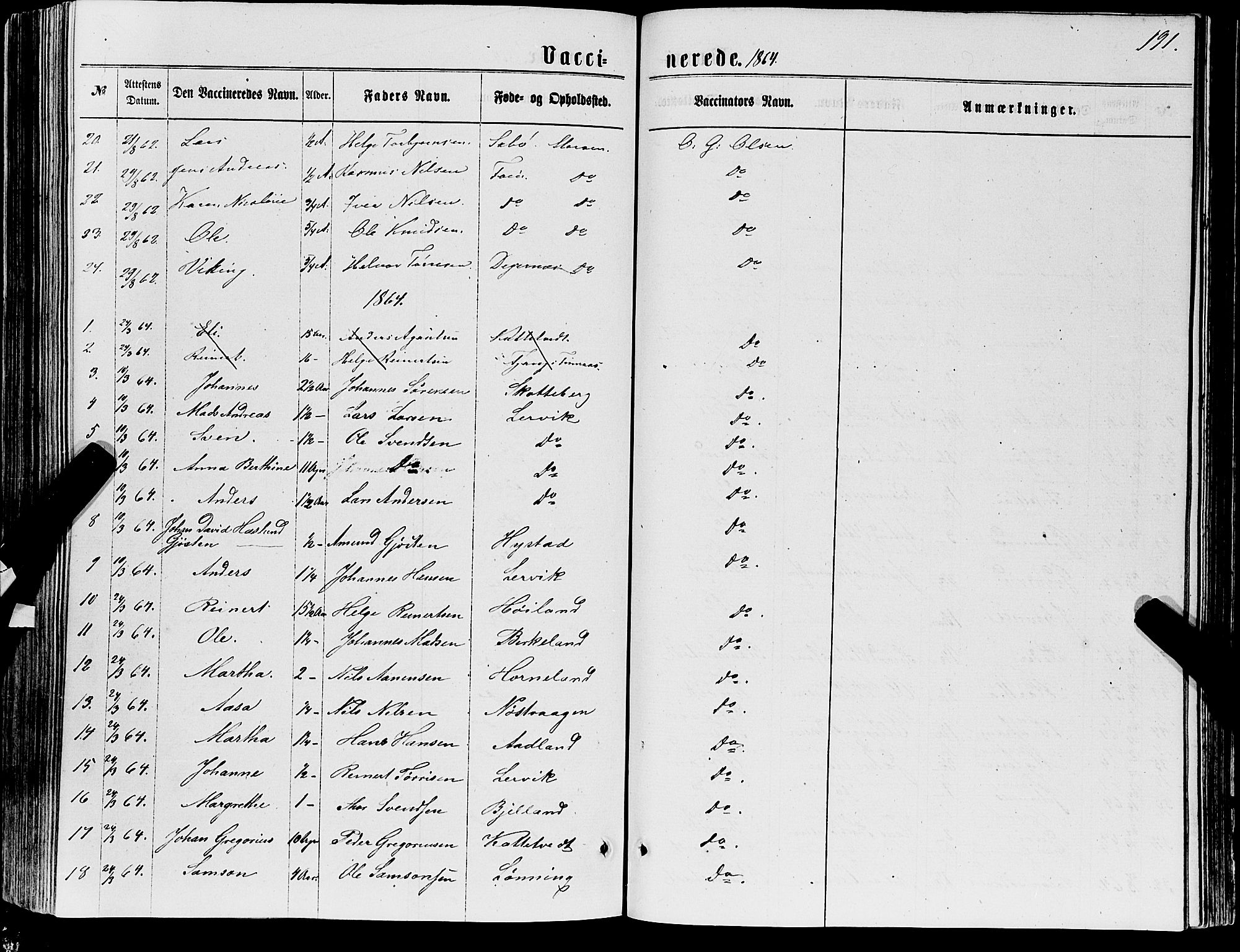 Stord sokneprestembete, AV/SAB-A-78201/H/Haa: Parish register (official) no. B 1, 1862-1877, p. 191