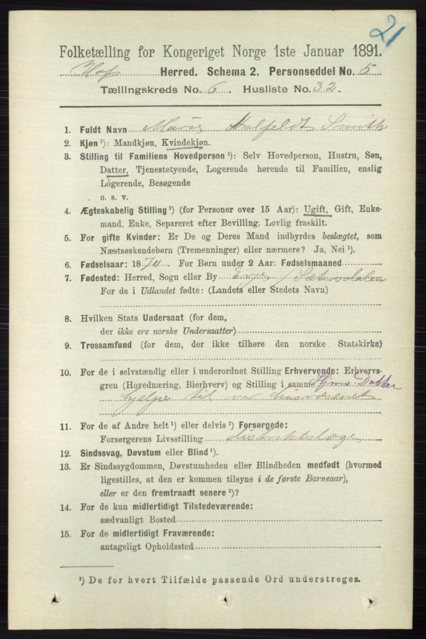 RA, 1891 census for 0714 Hof, 1891, p. 1991