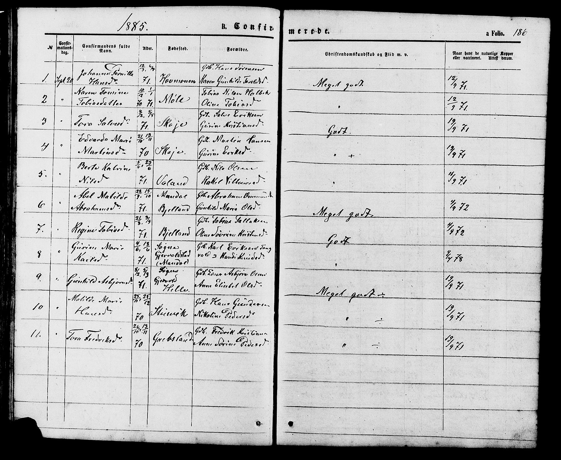 Holum sokneprestkontor, SAK/1111-0022/F/Fb/Fba/L0004: Parish register (copy) no. B 4, 1867-1890, p. 186