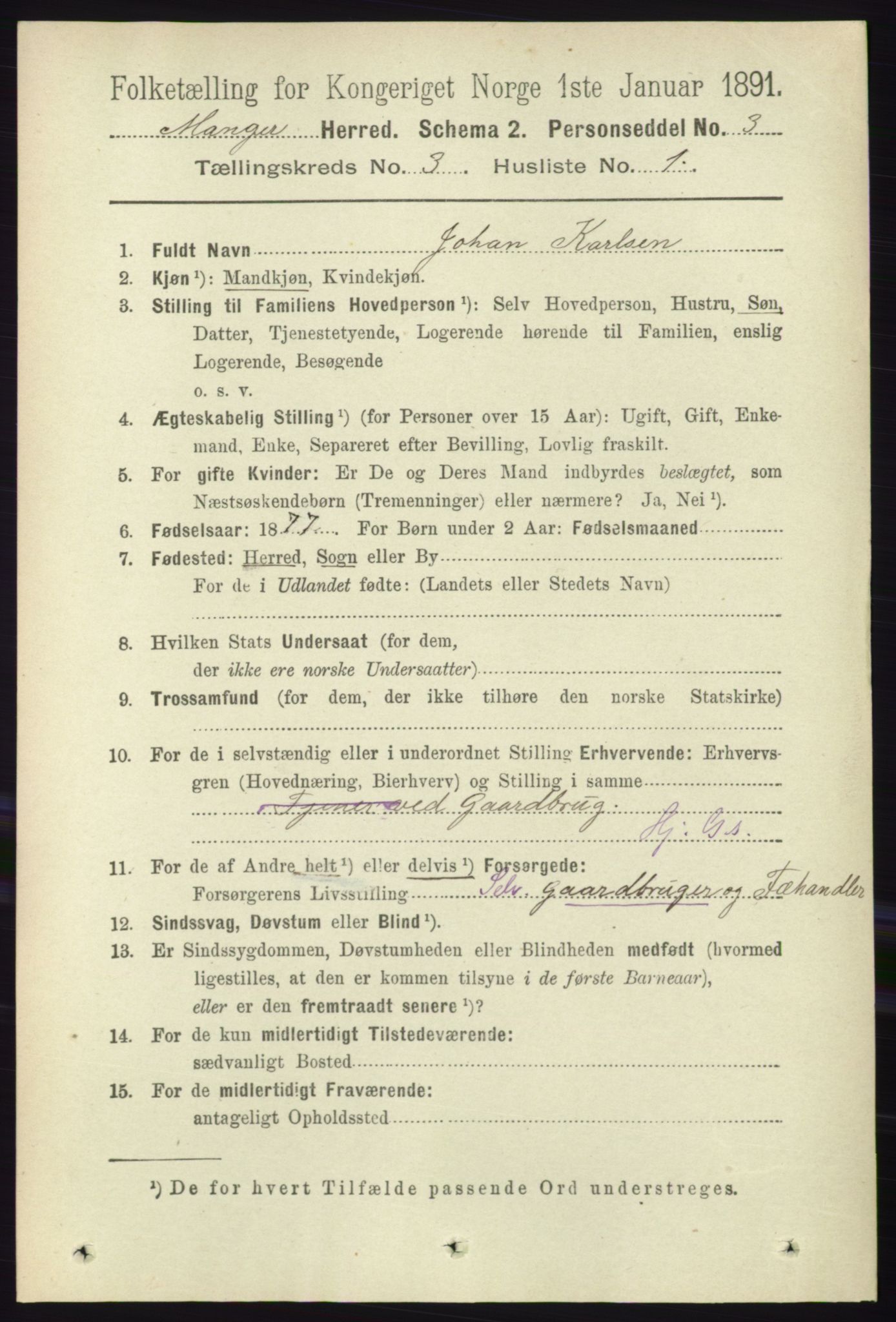 RA, 1891 census for 1261 Manger, 1891, p. 1410